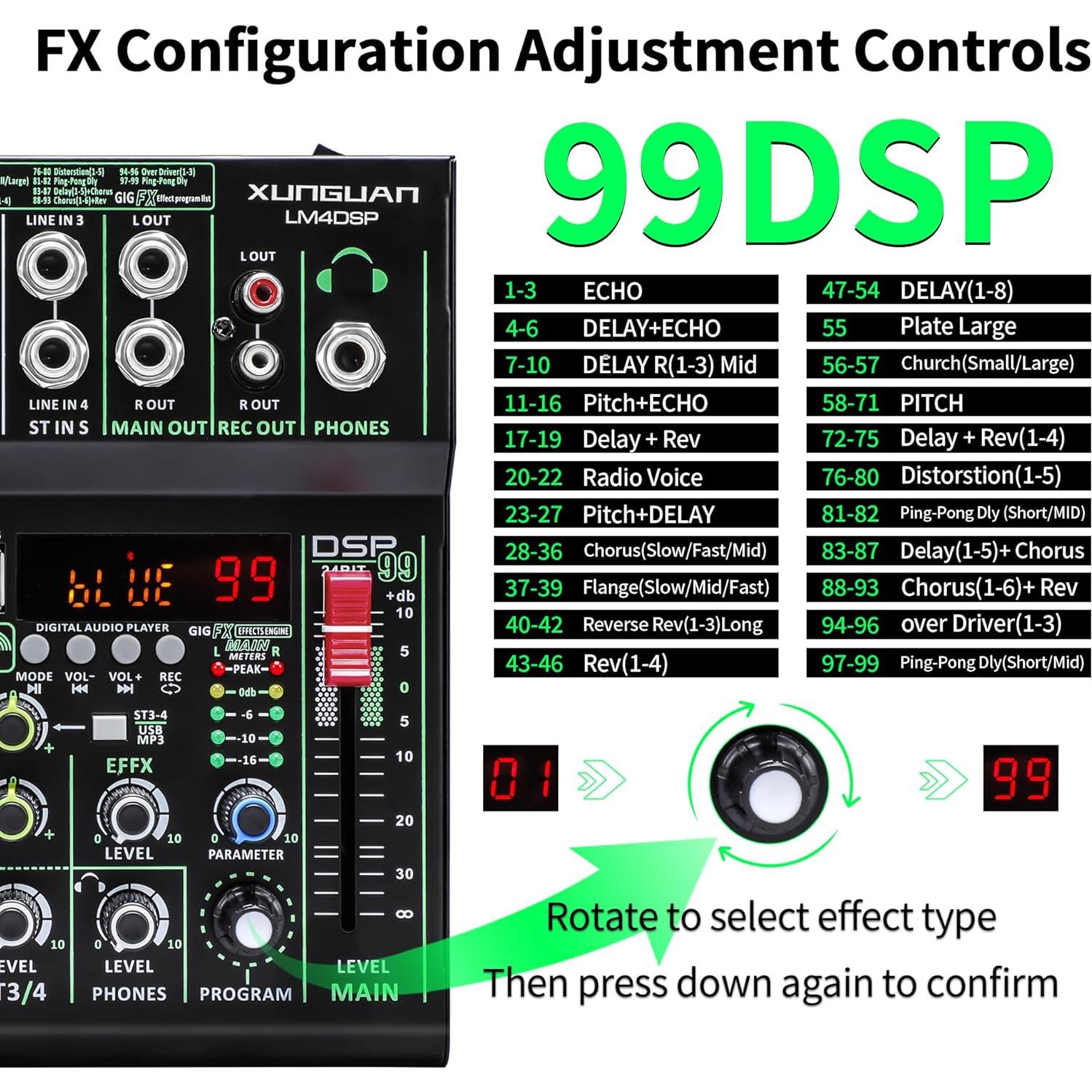 Mezclador de Audio XUNGUAN LM4DSP 4 Canales Bluetooth USB 48V
