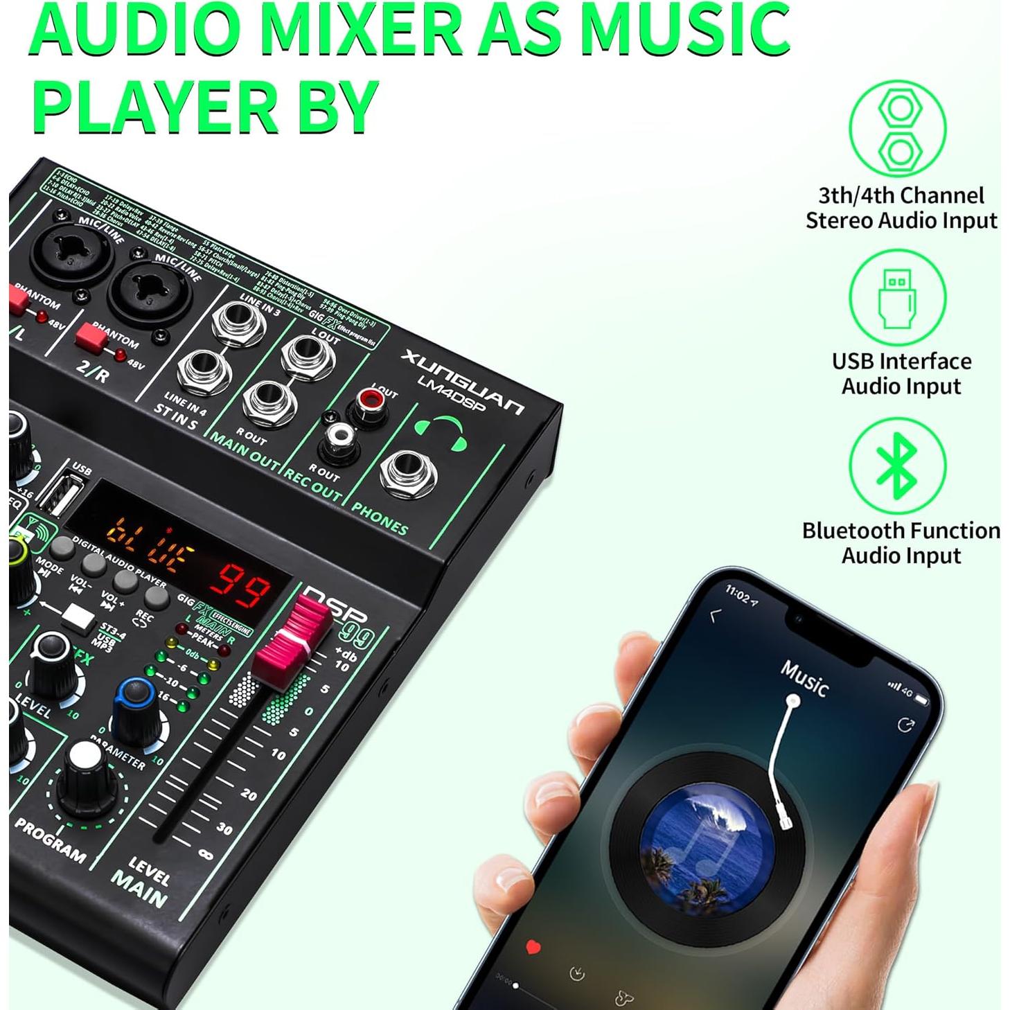 Mezclador de Audio XUNGUAN LM4DSP 4 Canales Bluetooth USB 48V