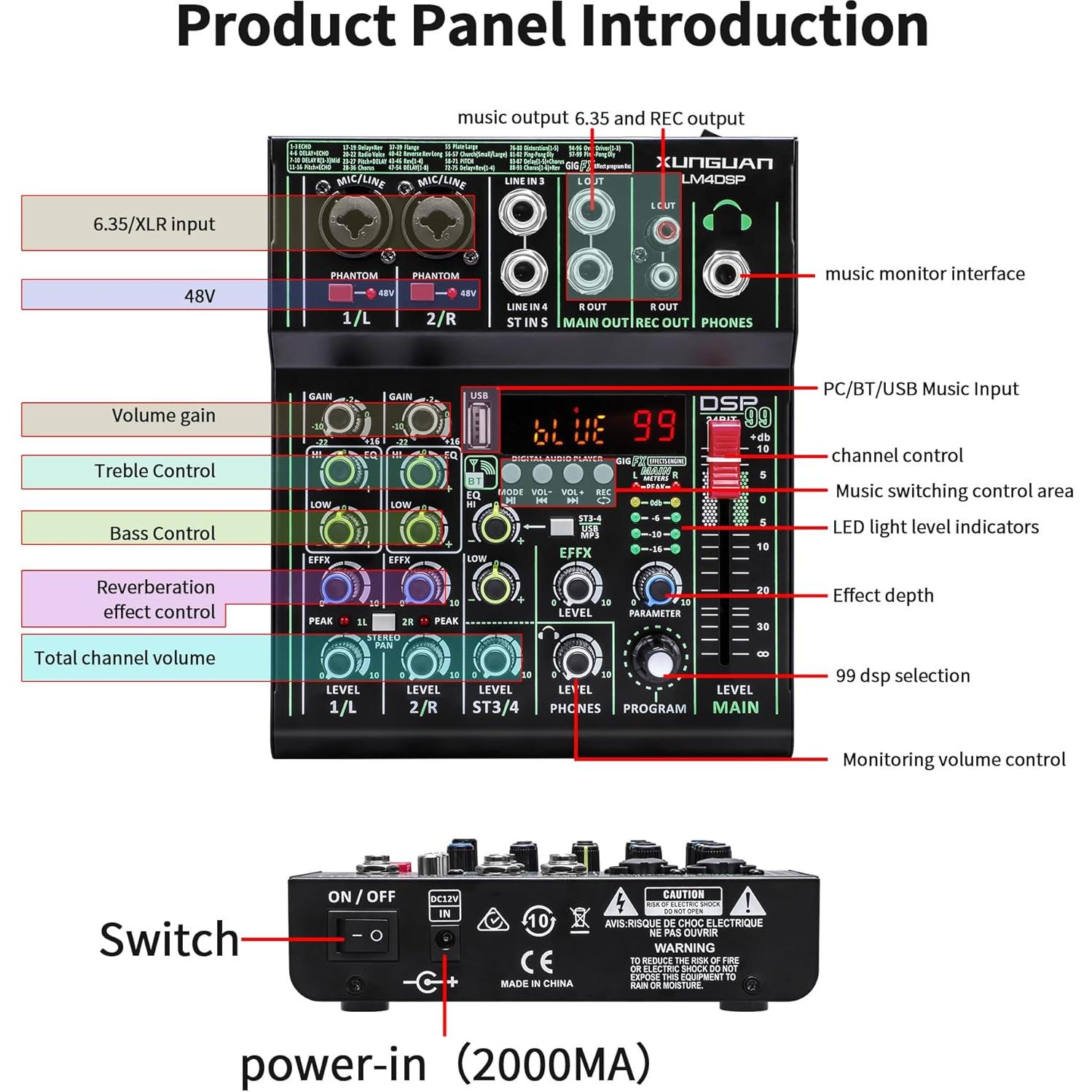 Mezclador de Audio XUNGUAN LM4DSP 4 Canales Bluetooth USB 48V