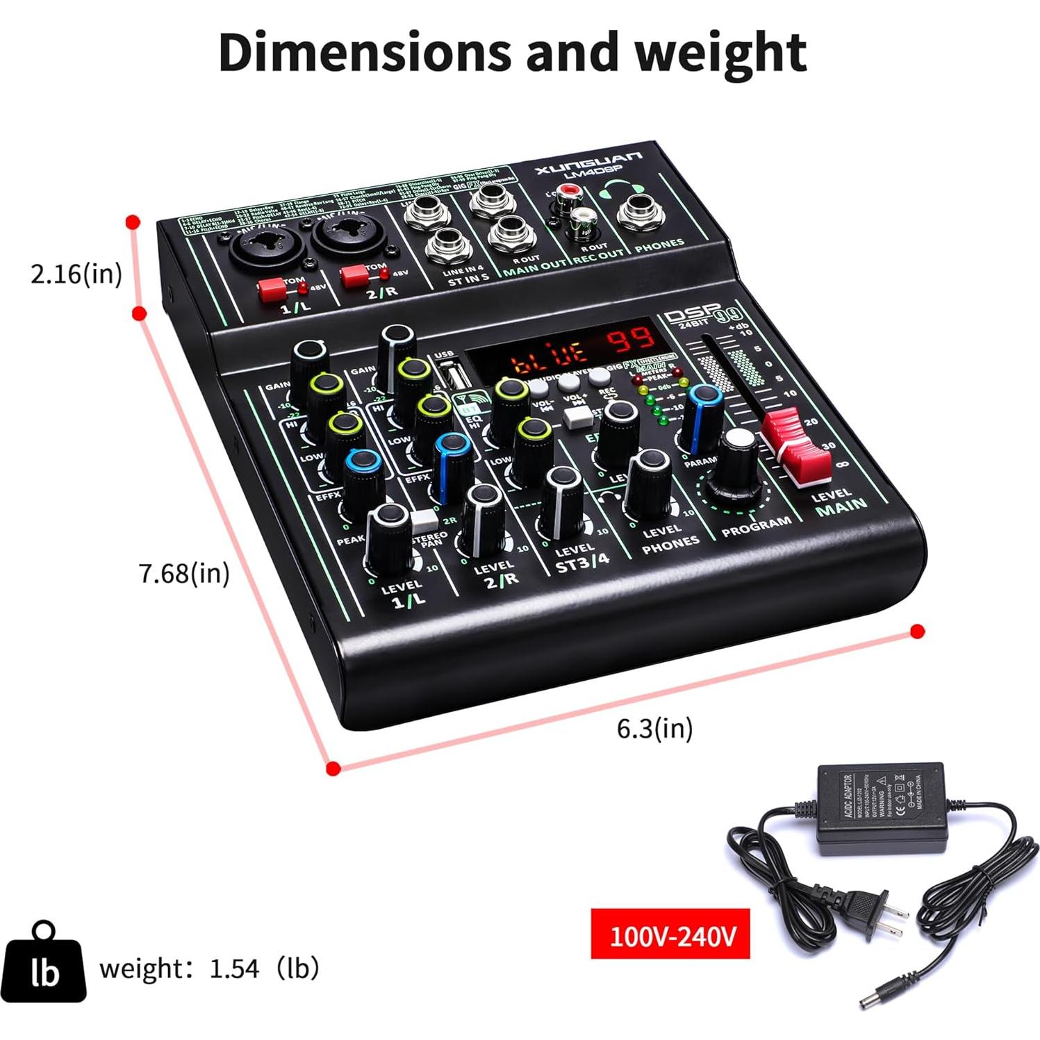 Mezclador de Audio XUNGUAN LM4DSP 4 Canales Bluetooth USB 48V