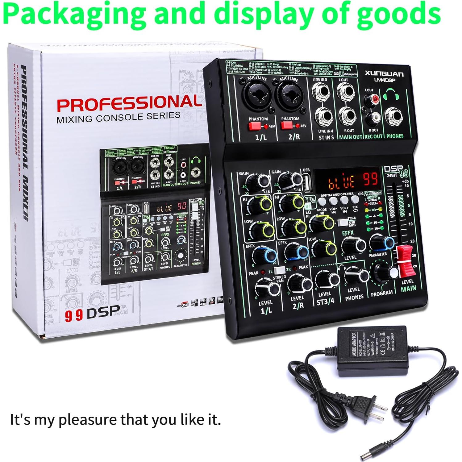 Mezclador de Audio XUNGUAN LM4DSP 4 Canales Bluetooth USB 48V