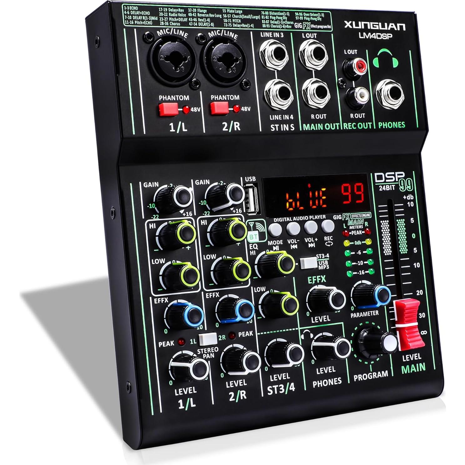 Mezclador de Audio XUNGUAN LM4DSP 4 Canales Bluetooth USB 48V