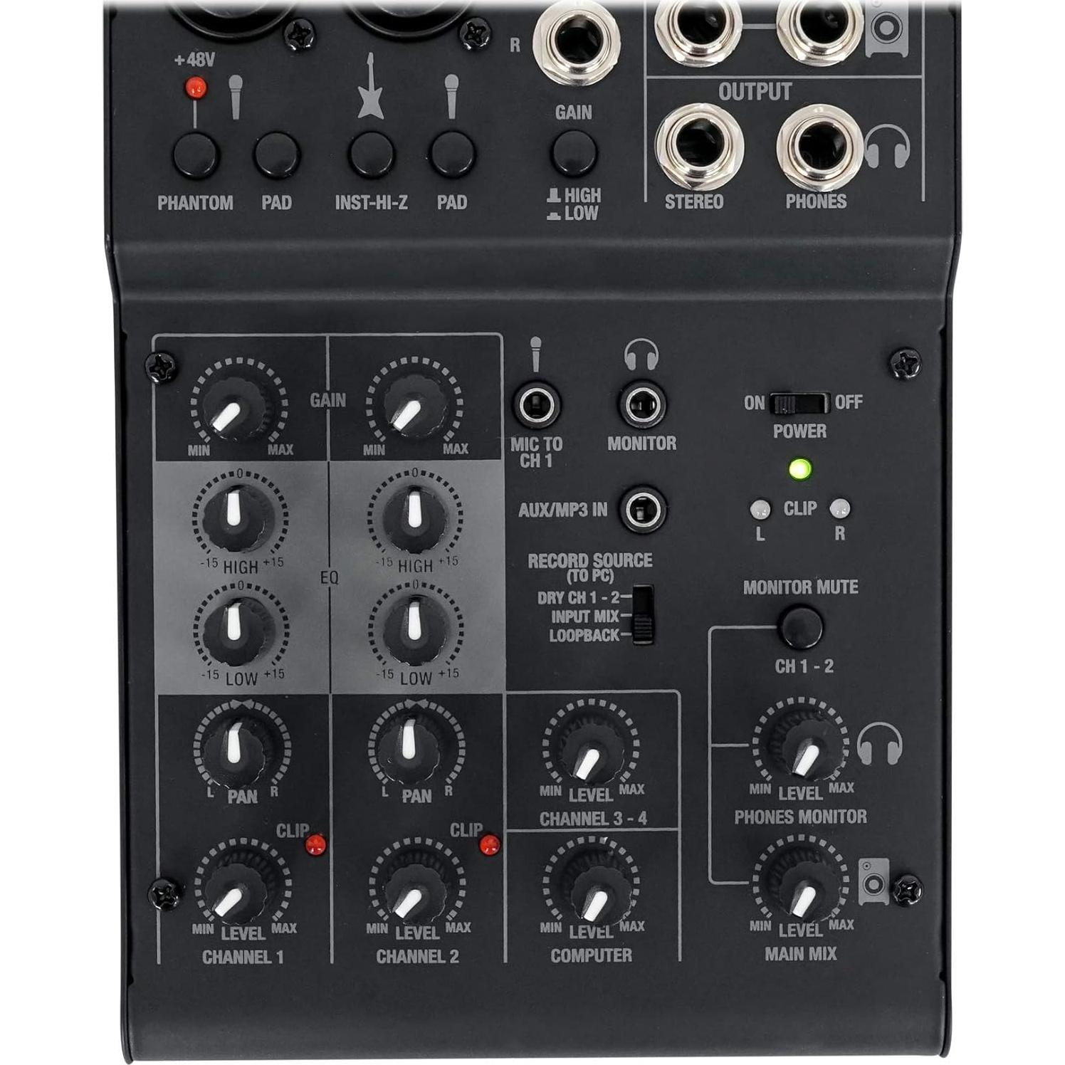 Mezclador Rockville RockMix 4 Canales USB Ecualizador 2 Bandas