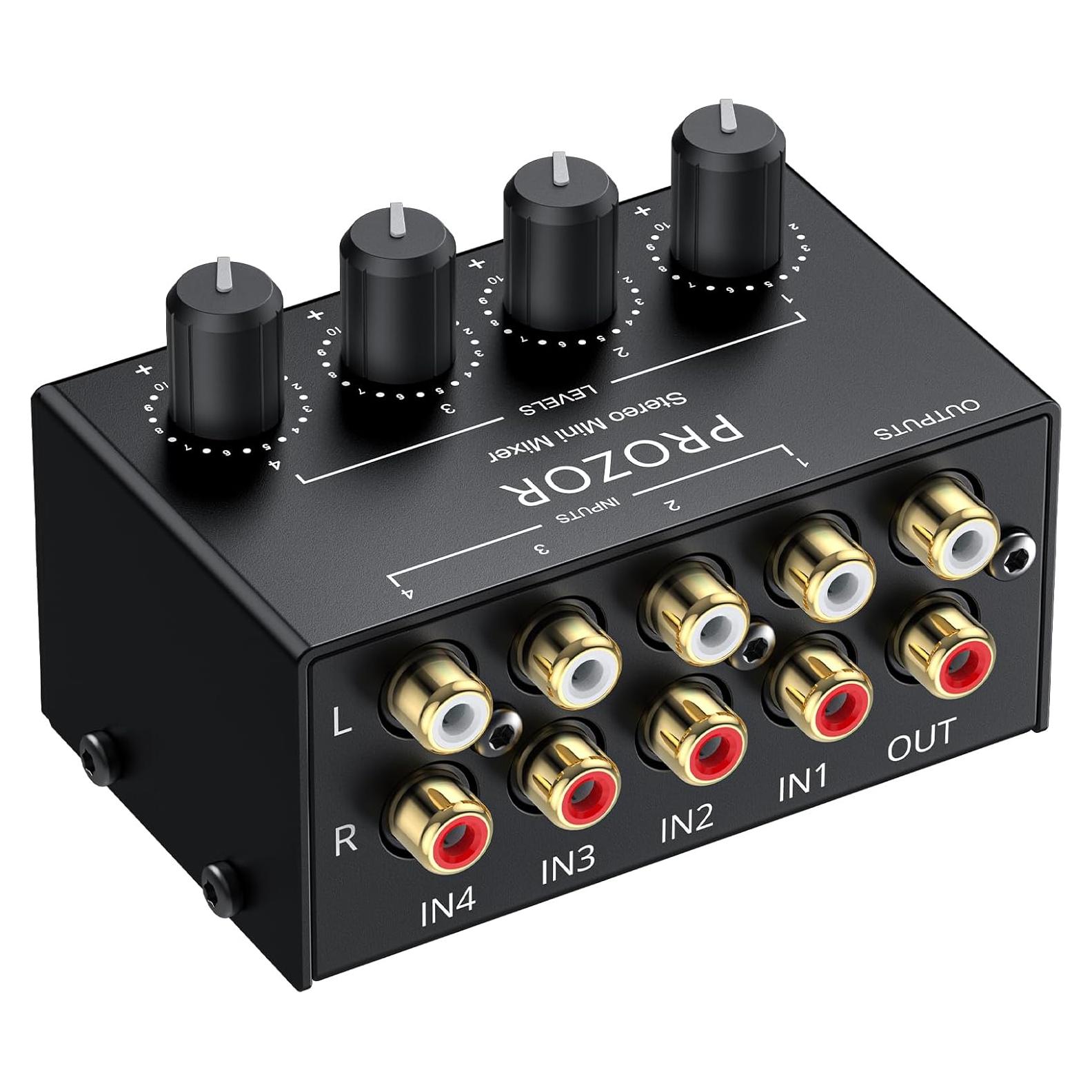 Mezclador de Audio Estéreo PROZOR 4 Canales RCA Sin Alimentación