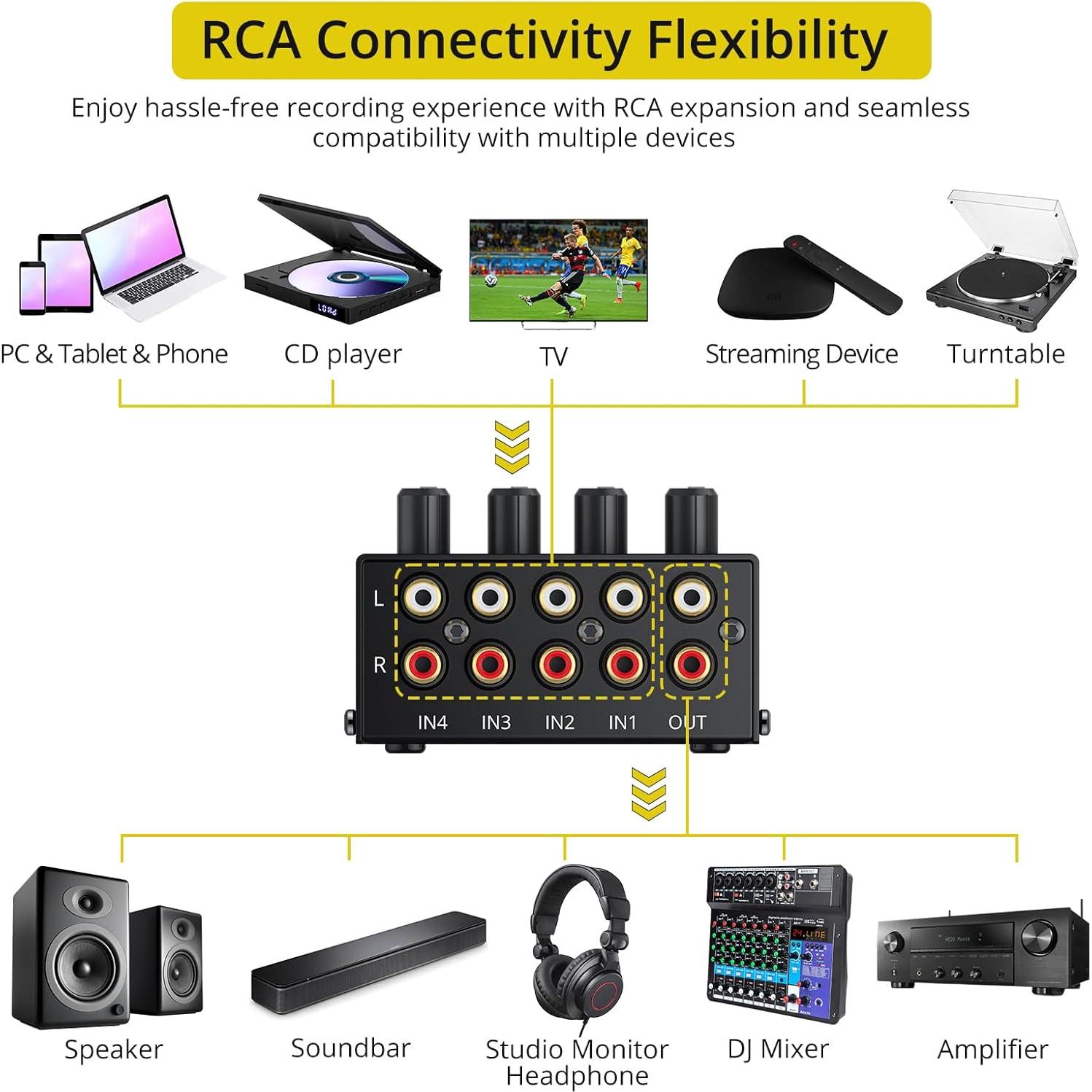 Mezclador de Audio Estéreo PROZOR 4 Canales RCA Sin Alimentación