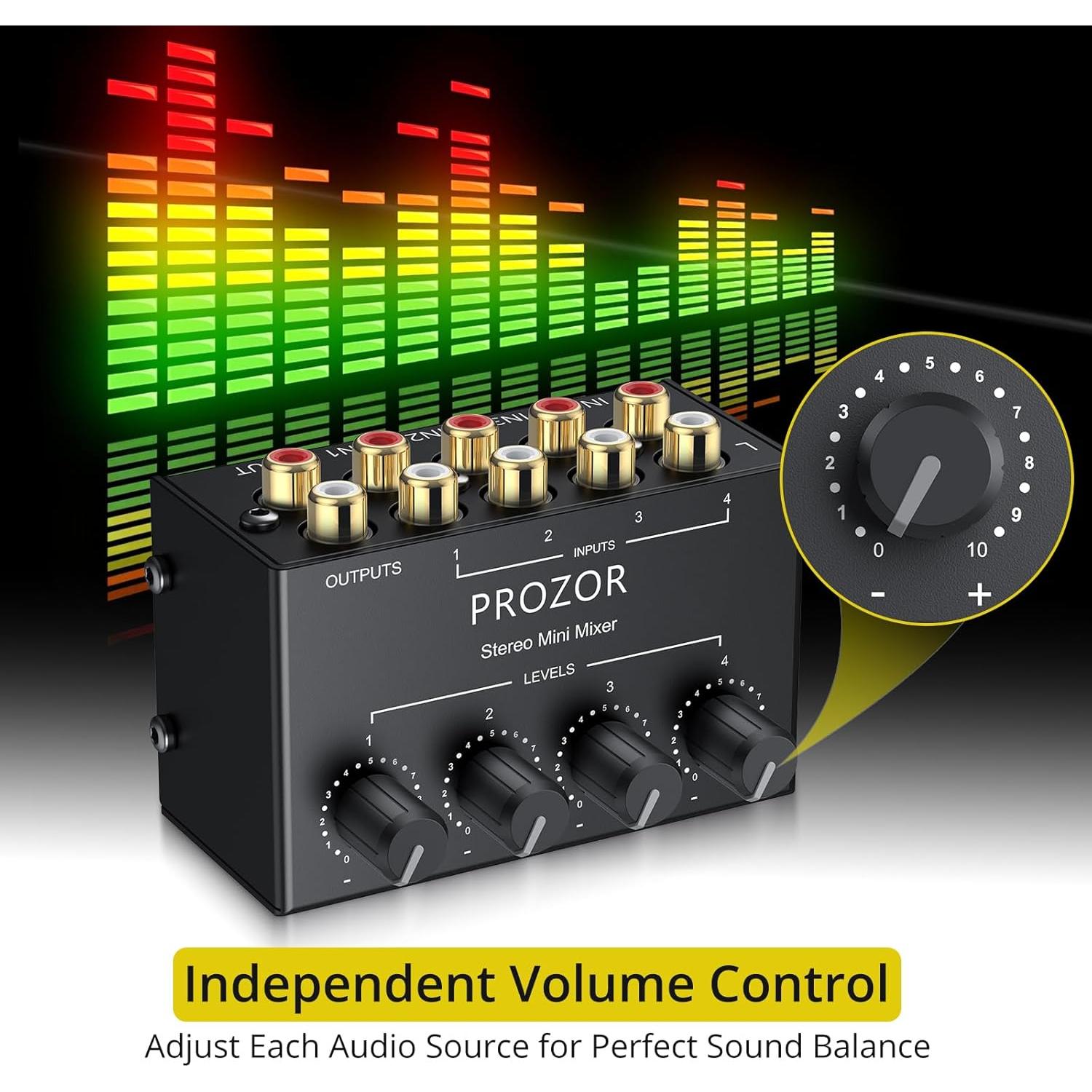 Mezclador de Audio Estéreo PROZOR 4 Canales RCA Sin Alimentación