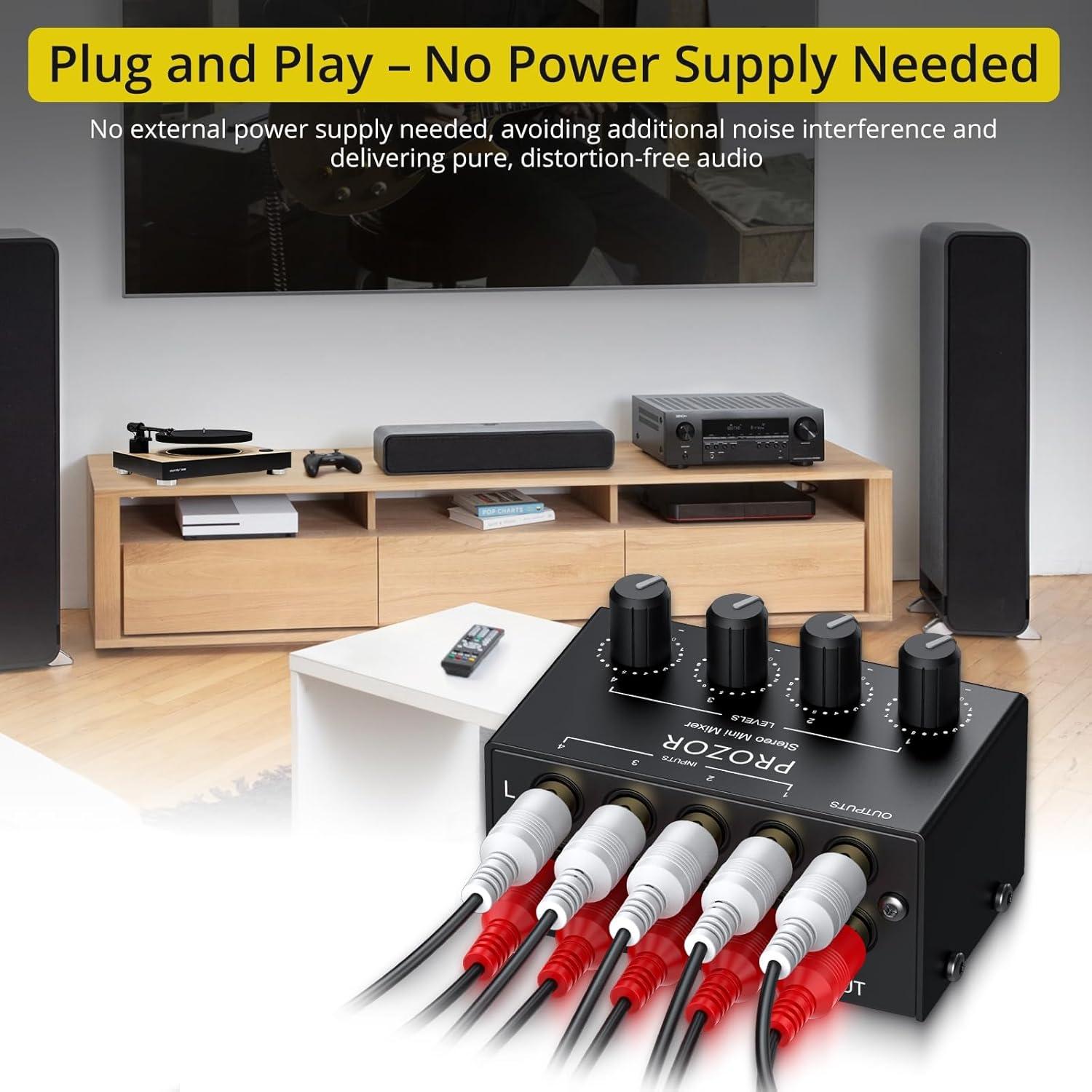 Mezclador de Audio Estéreo PROZOR 4 Canales RCA Sin Alimentación