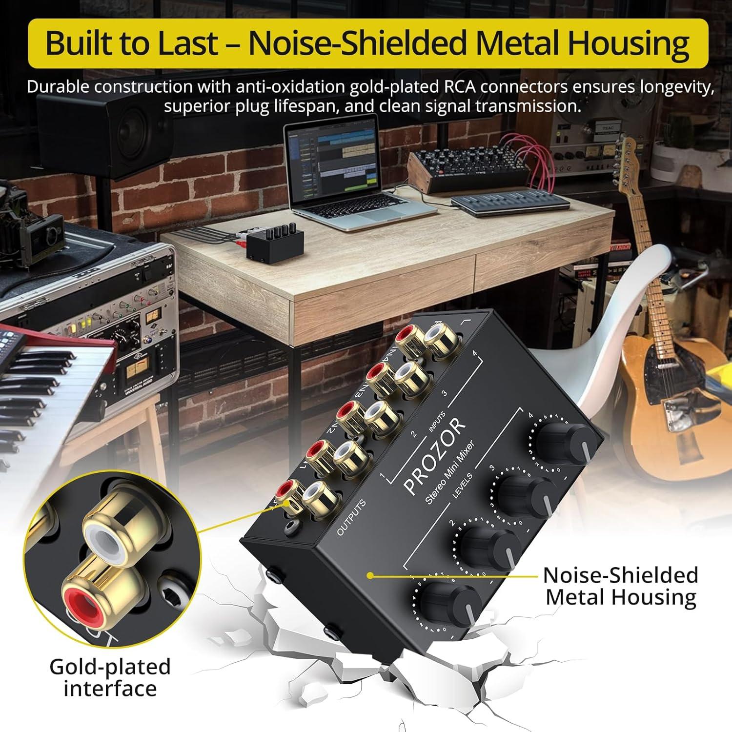 Mezclador de Audio Estéreo PROZOR 4 Canales RCA Sin Alimentación