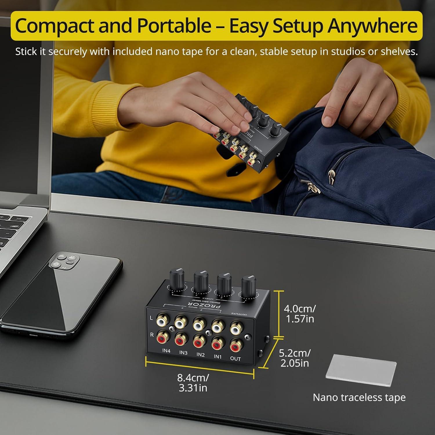 Mezclador de Audio Estéreo PROZOR 4 Canales RCA Sin Alimentación