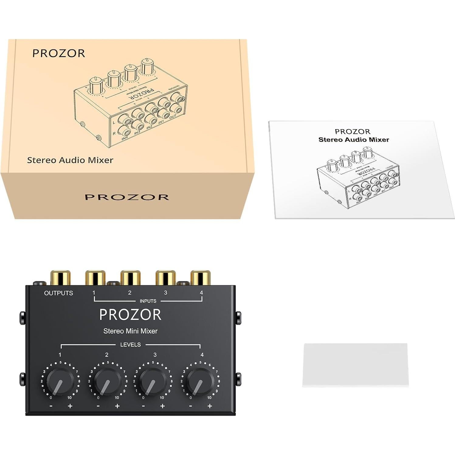 Mezclador de Audio Estéreo PROZOR 4 Canales RCA Sin Alimentación