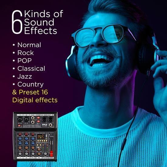 Controlador de Mezclador de Audio Pyle PMX464 - 4 Canales, 16 Efectos, USB