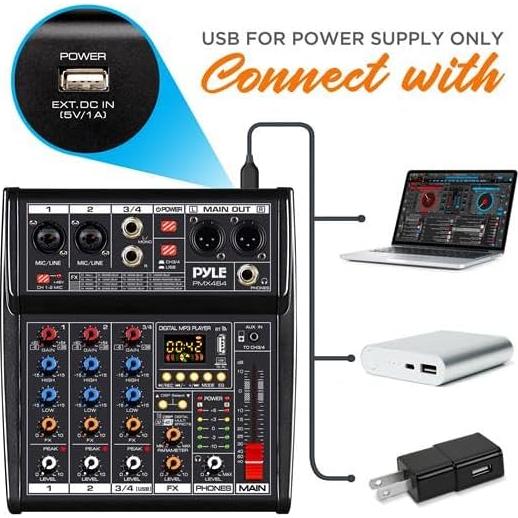 Controlador de Mezclador de Audio Pyle PMX464 - 4 Canales, 16 Efectos, USB