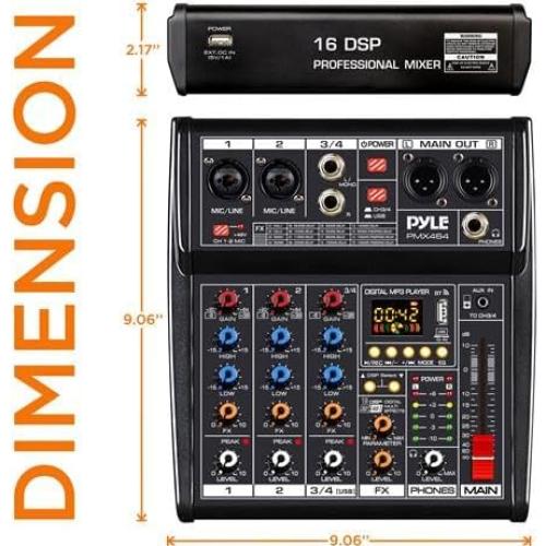 Controlador de Mezclador de Audio Pyle PMX464 - 4 Canales, 16 Efectos, USB