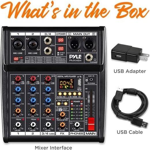 Controlador de Mezclador de Audio Pyle PMX464 - 4 Canales, 16 Efectos, USB