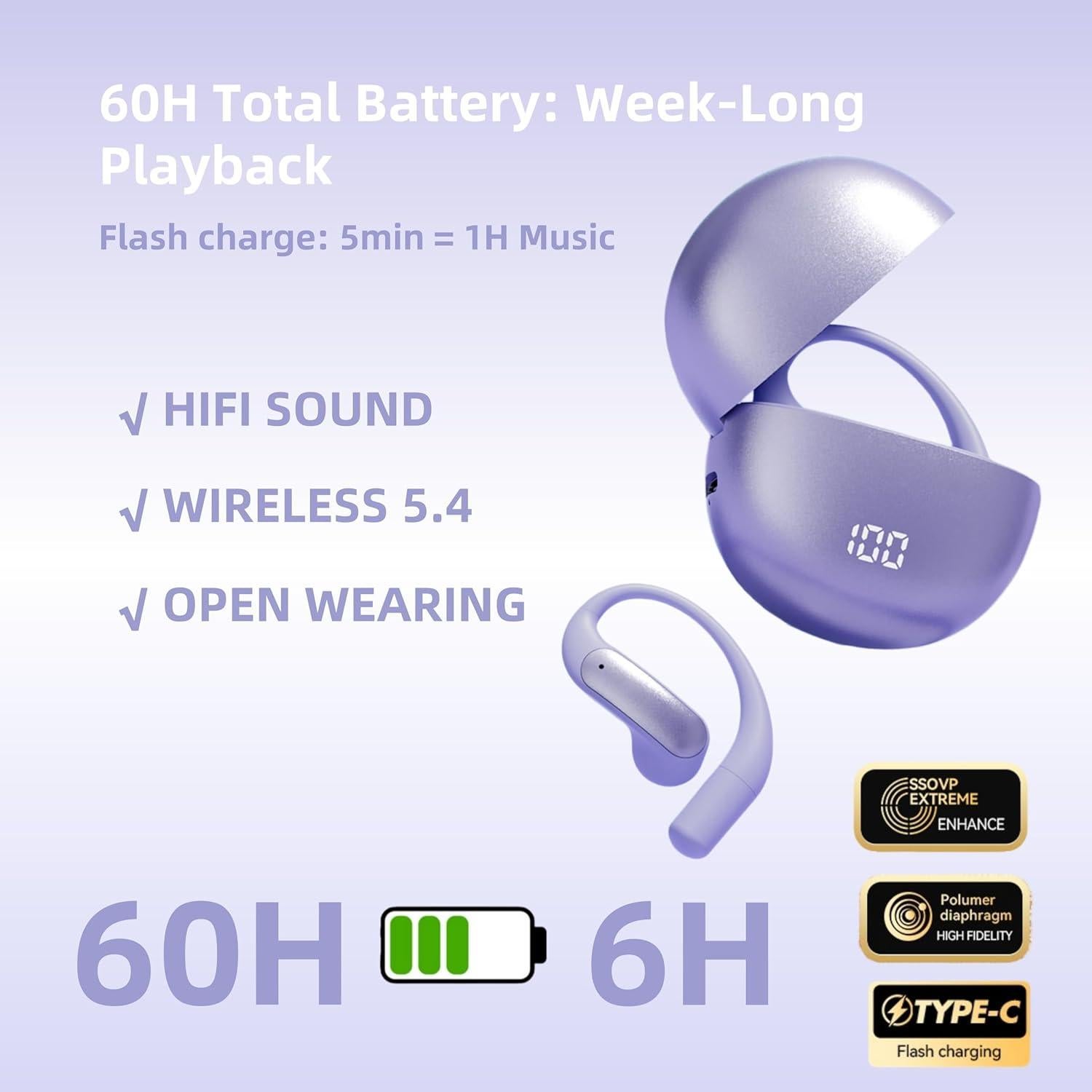 Auriculares Bluetooth Otinsile M118 Inalámbricos 60H IPX5 Púrpura