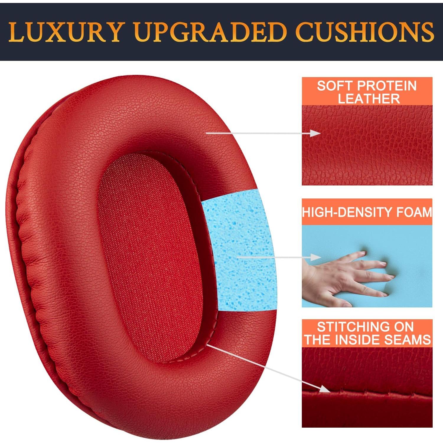 Almohadillas de Reemplazo SOULWIT para Auriculares Audio Technica M50X M40X M30X - Cuero de Proteína Rojo