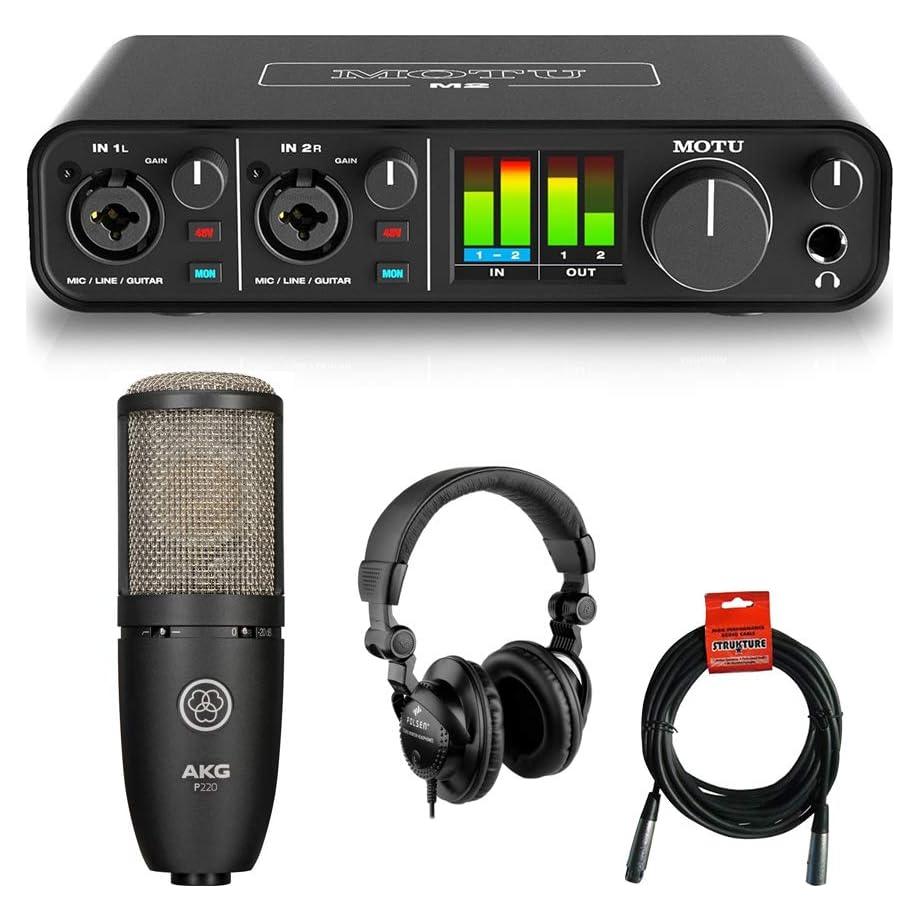 Interfaz de Audio USB Motu M2 con Micrófono AKG P220 y Auriculares HPC-A30