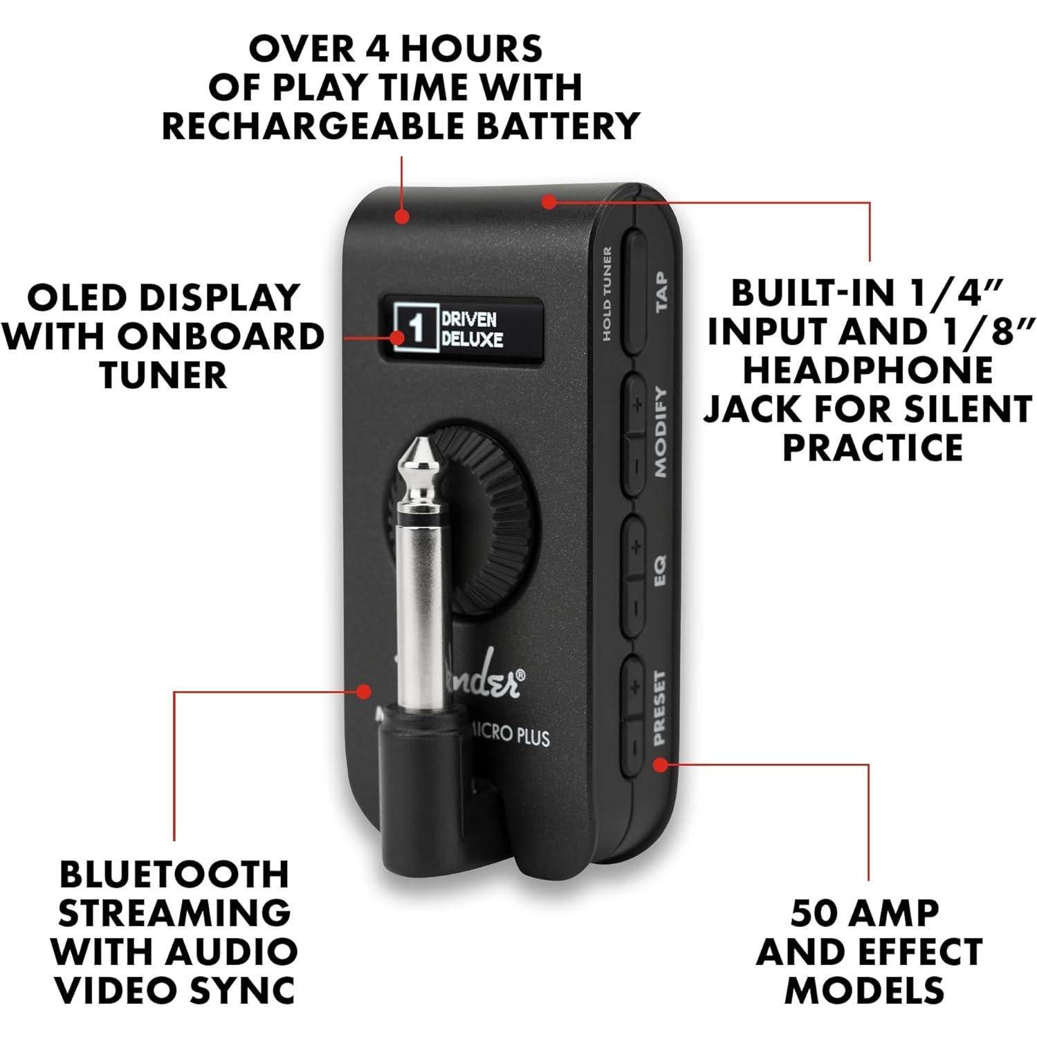 Amplificador de auriculares Fender Mustang Micro Plus - Bluetooth, 50 efectos