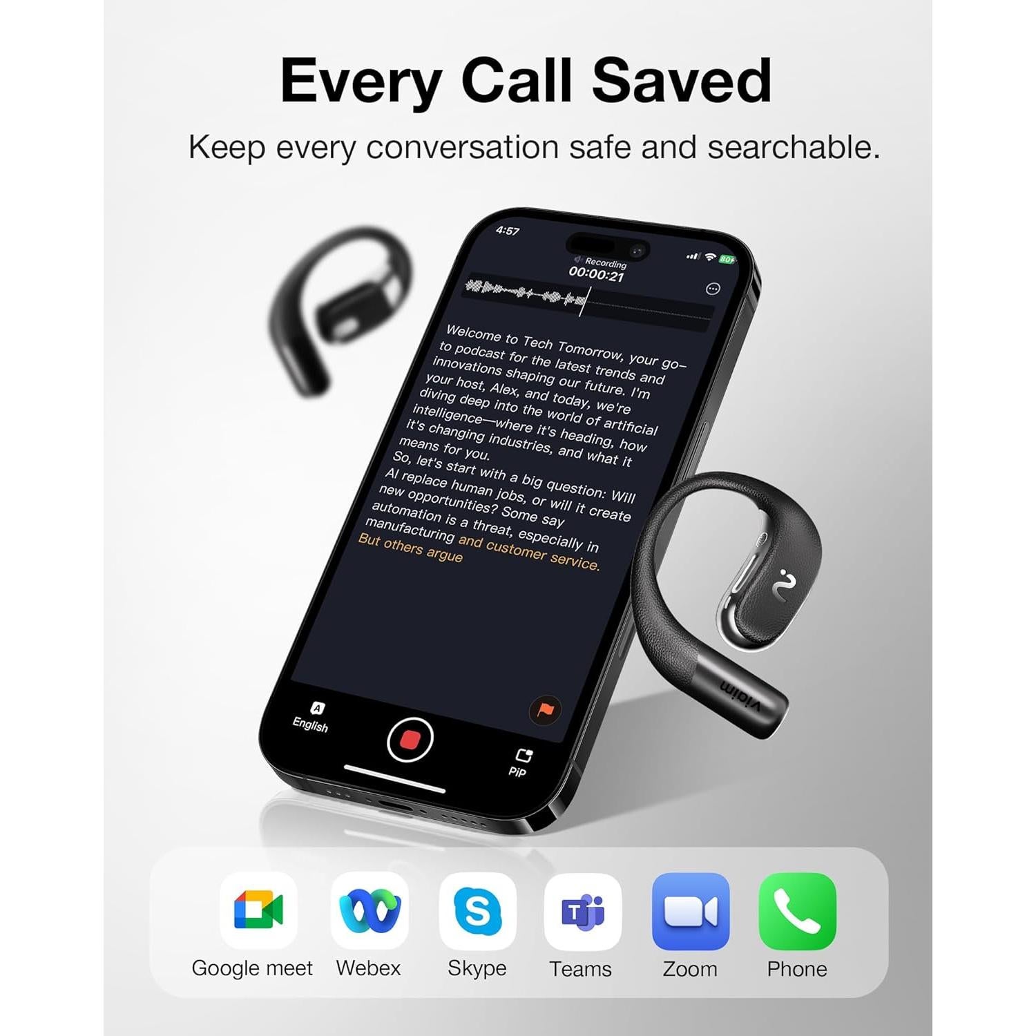 Grabadora AI viaim OpenNote - Auriculares Bluetooth, 53h batería