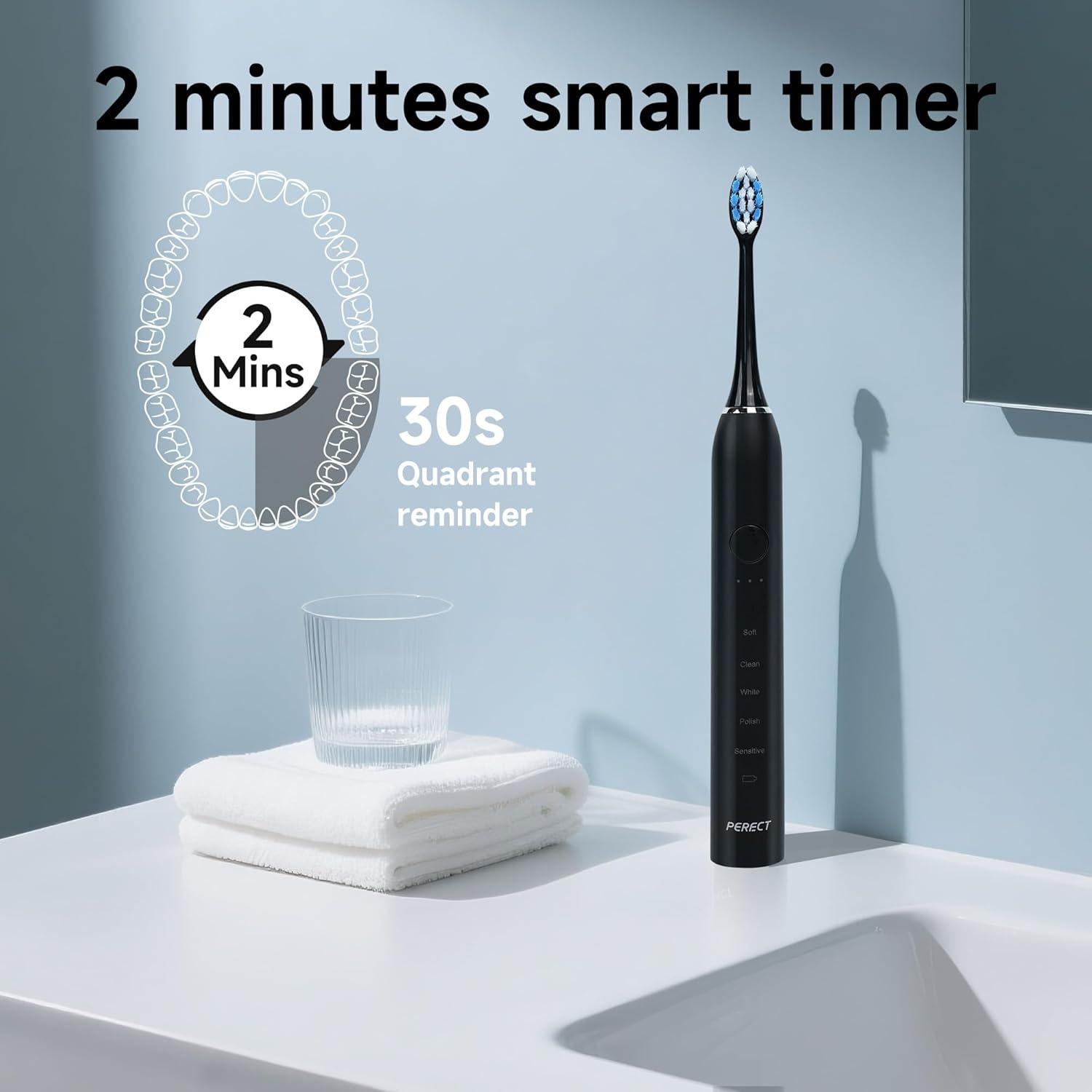 Cepillo de Dientes Eléctrico PERECT Negro, 6 Cabezas, 5 Modos