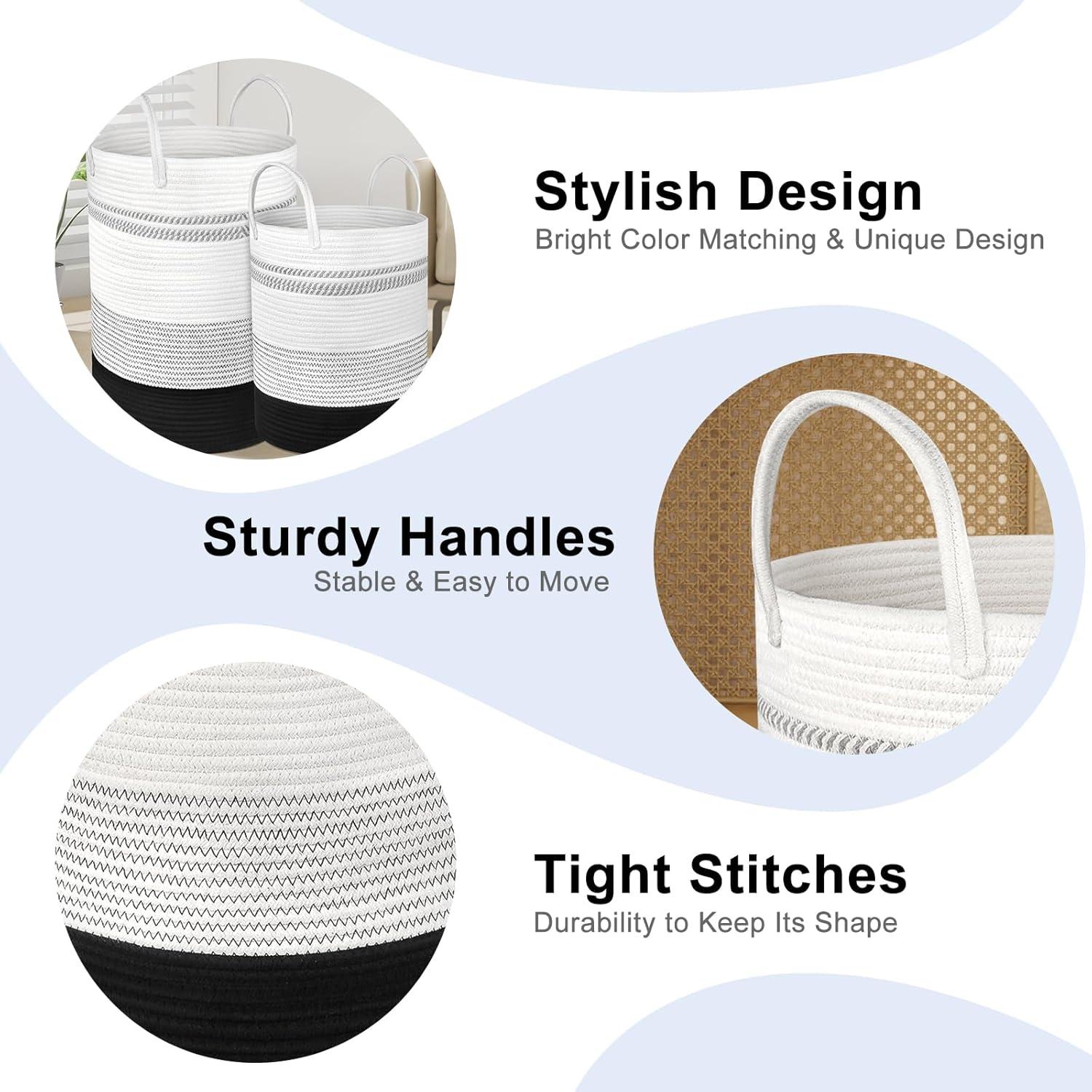 Cesto de Ropa Tejido Attmu 2 Piezas 58L y 28L Algodón Negro