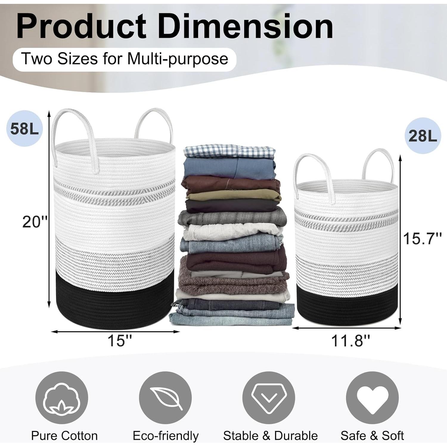 Cesto de Ropa Tejido Attmu 2 Piezas 58L y 28L Algodón Negro