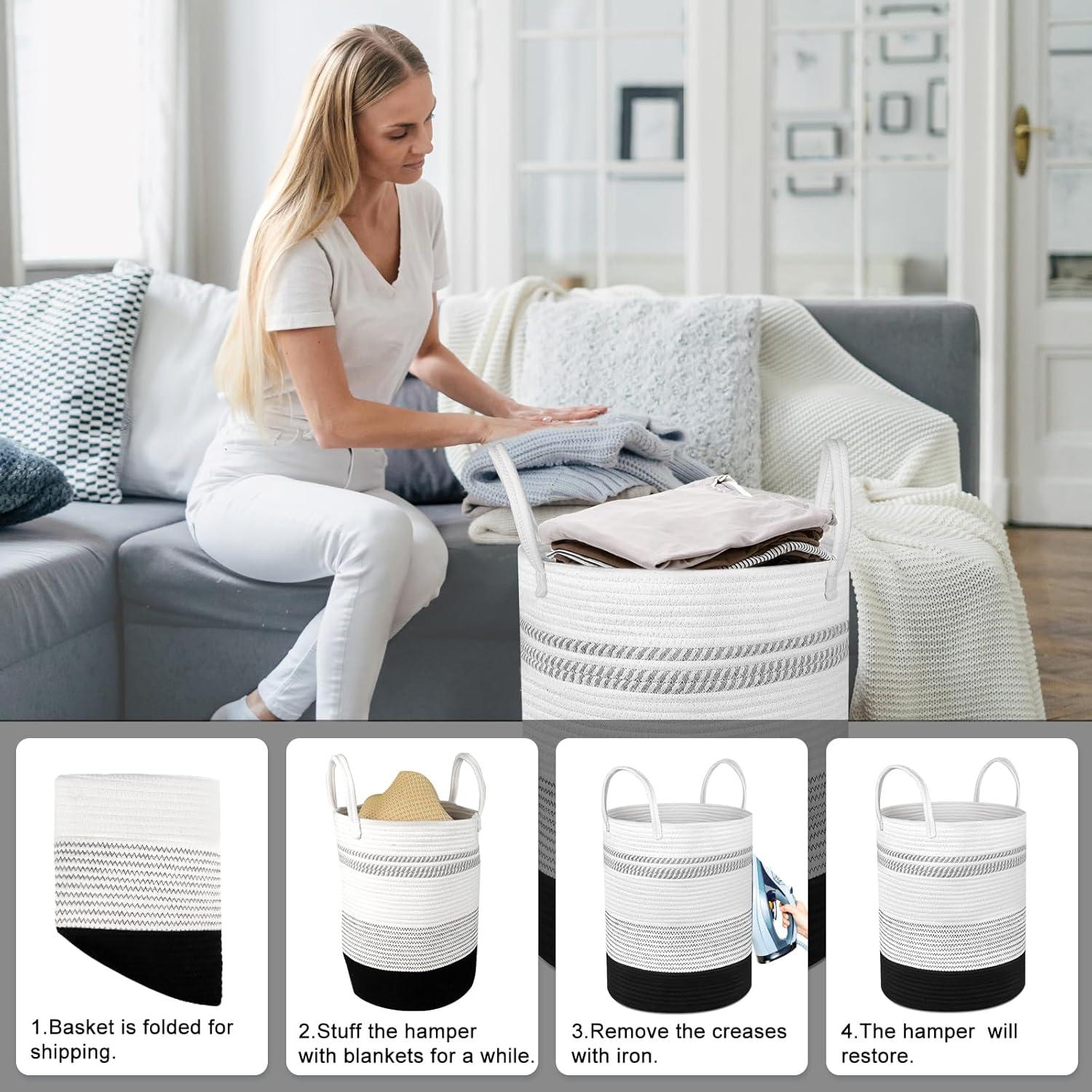 Cesto de Ropa Tejido Attmu 2 Piezas 58L y 28L Algodón Negro