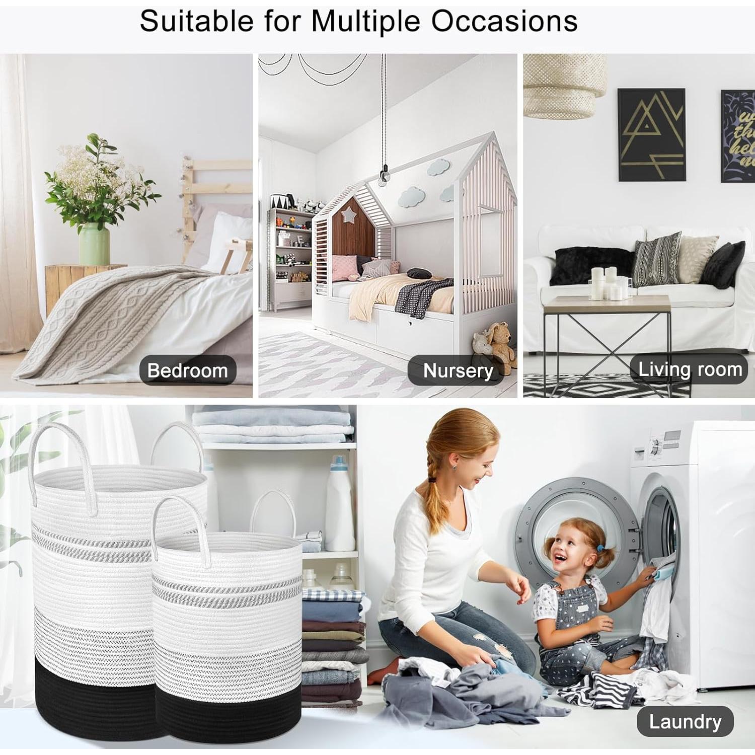 Cesto de Ropa Tejido Attmu 2 Piezas 58L y 28L Algodón Negro