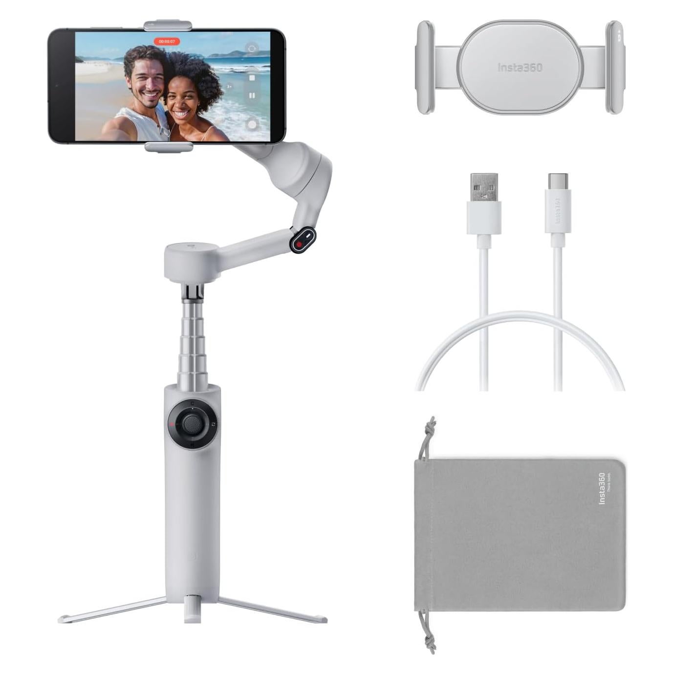 Insta360 Flow 2 Grey - Foldable AI Phone Gimbal, AI Tracking, Multi-Person Tracking, Built-in Tripod/Selfie Stick, Remote Control, iPhone/Android Portable Stabilizer