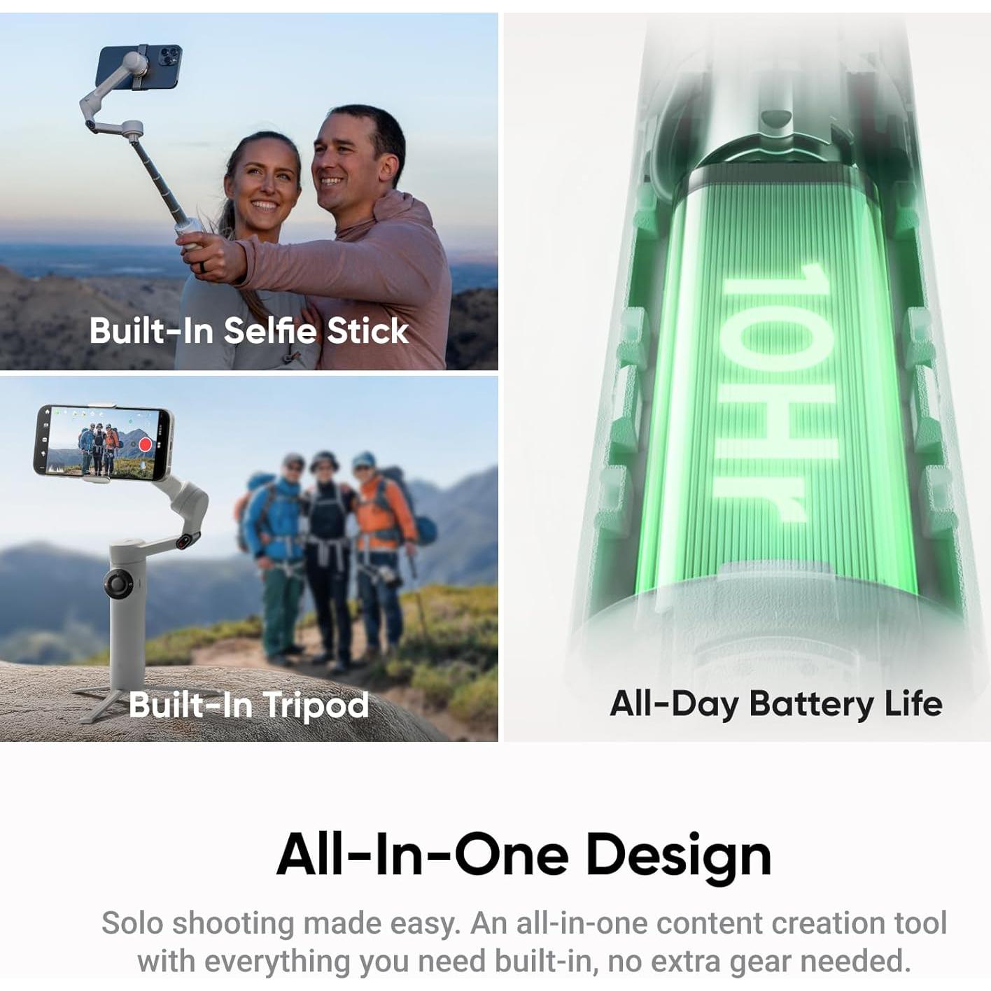 Insta360 Flow 2 Grey - Foldable AI Phone Gimbal, AI Tracking, Multi-Person Tracking, Built-in Tripod/Selfie Stick, Remote Control, iPhone/Android Portable Stabilizer