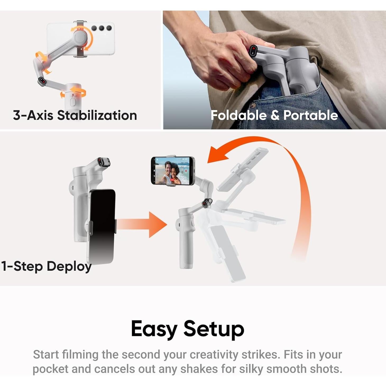 Insta360 Flow 2 Grey - Foldable AI Phone Gimbal, AI Tracking, Multi-Person Tracking, Built-in Tripod/Selfie Stick, Remote Control, iPhone/Android Portable Stabilizer