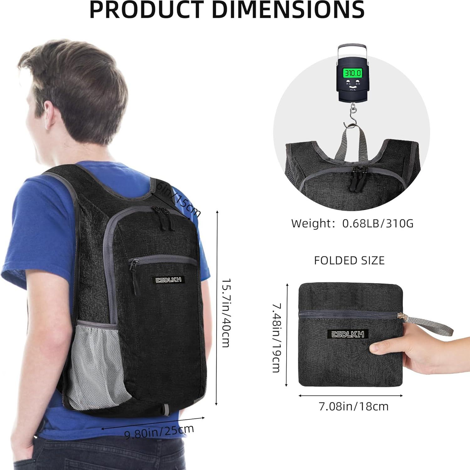 Mochila de Senderismo Plegable 15L con Soporte para Teléfono Negro