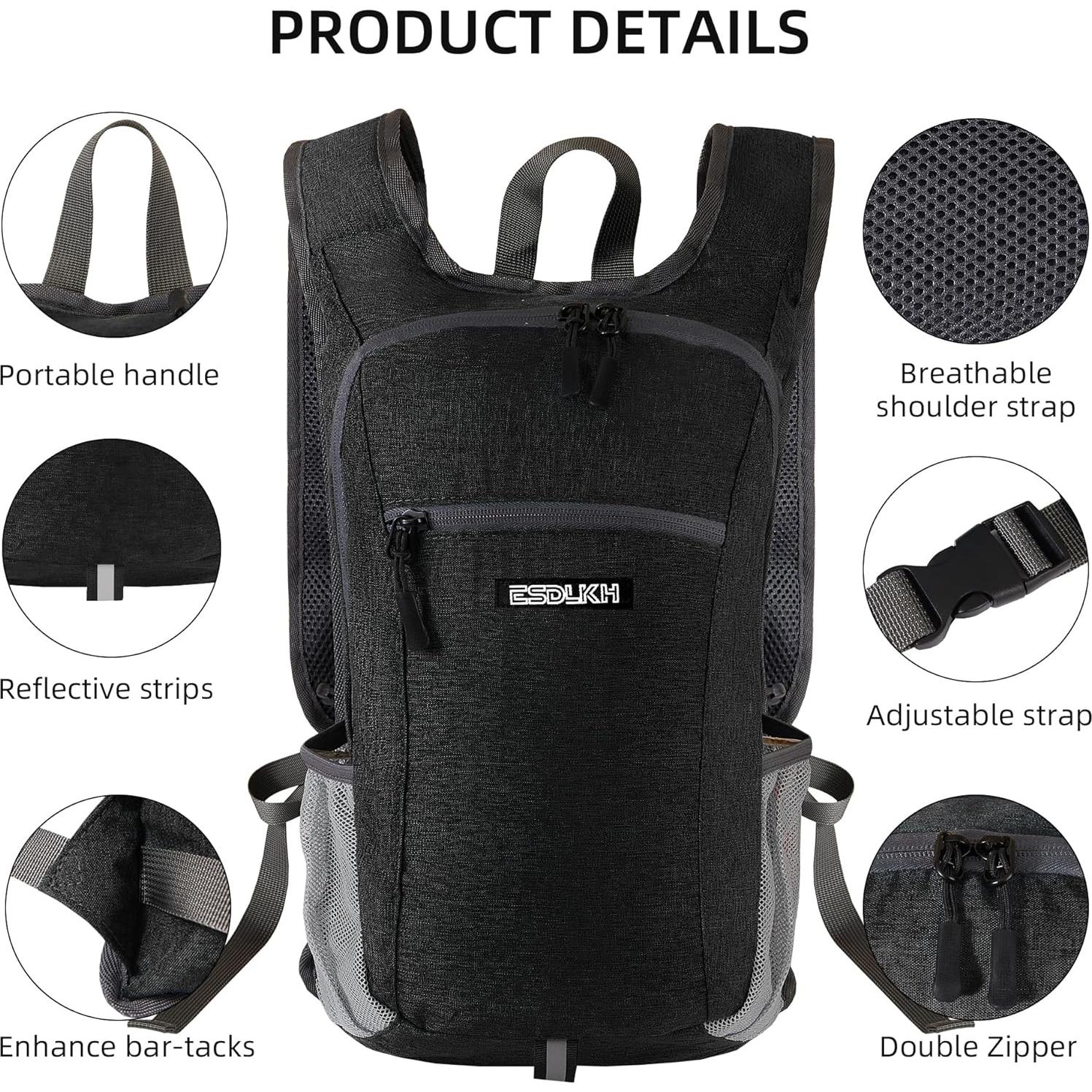 Mochila de Senderismo Plegable 15L con Soporte para Teléfono Negro