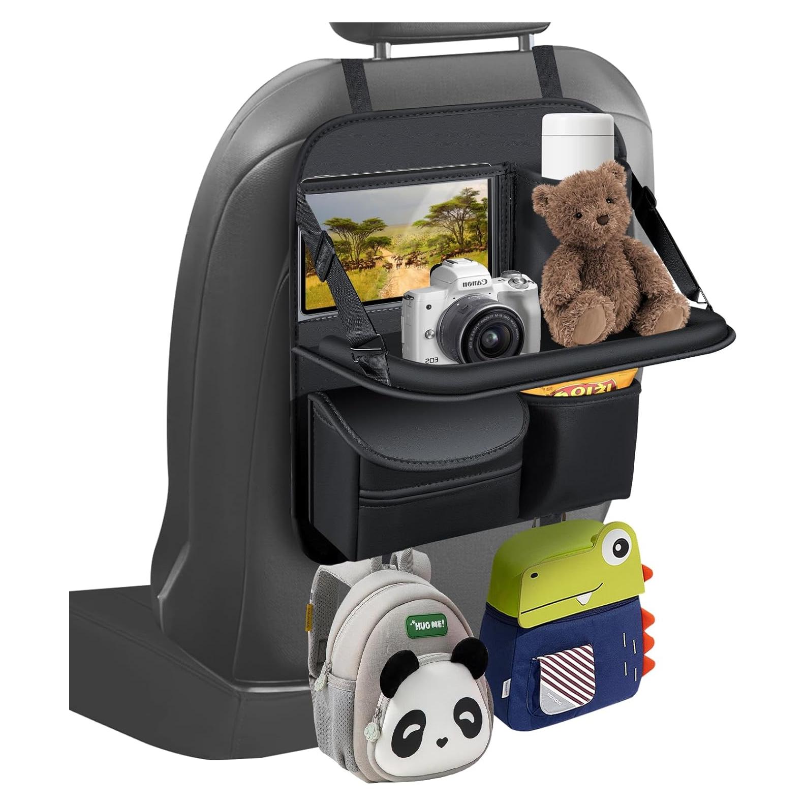 1 Pack Back Seat Car Organizer with Fold-Out Tray for 11" Tablets - Upgraded Nappa Leather, with Touchable PVC for 8" Mobile Phones, Including Tissue Dispenser, Suitable for Autos and SUVs, Black