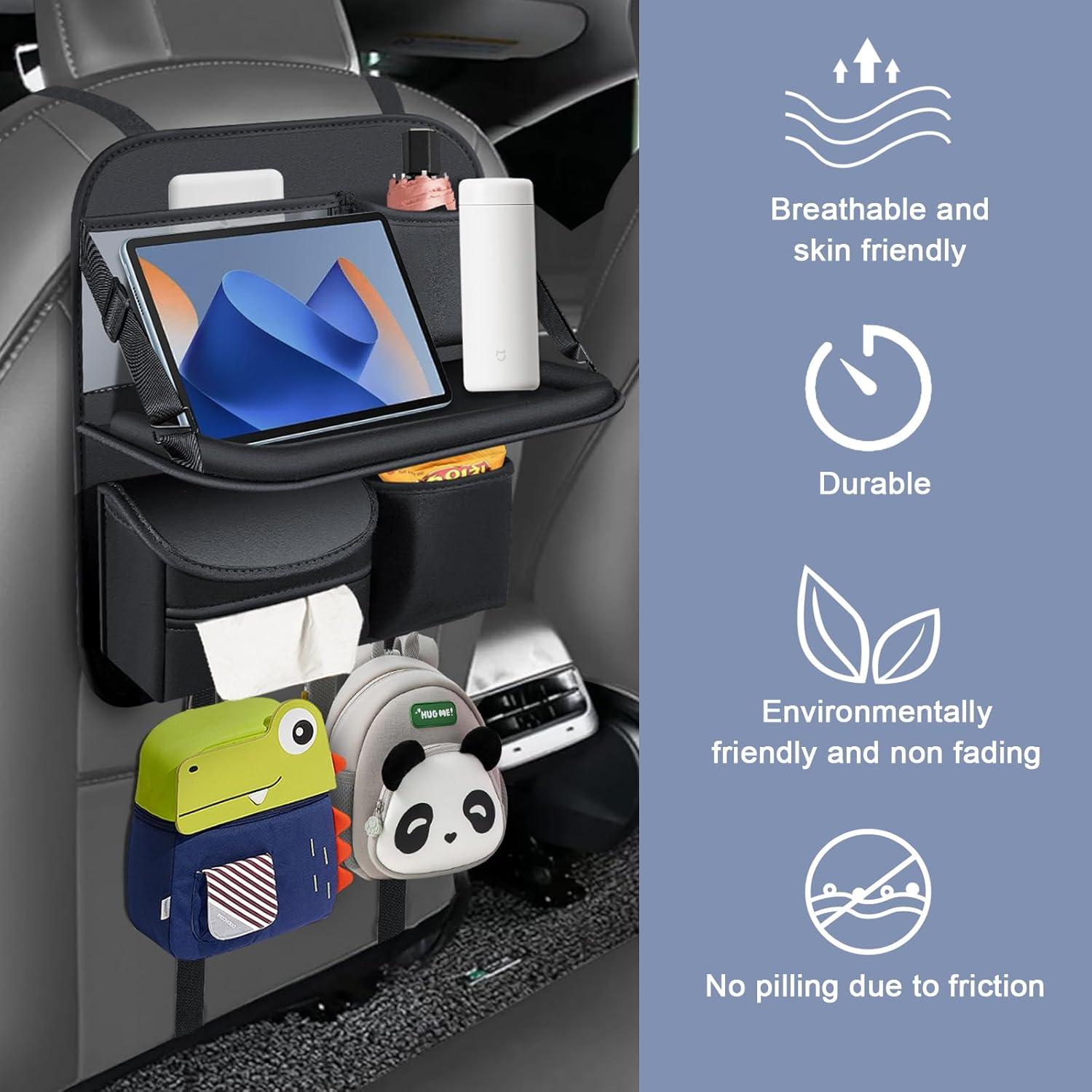 1 Pack Back Seat Car Organizer with Fold-Out Tray for 11" Tablets - Upgraded Nappa Leather, with Touchable PVC for 8" Mobile Phones, Including Tissue Dispenser, Suitable for Autos and SUVs, Black