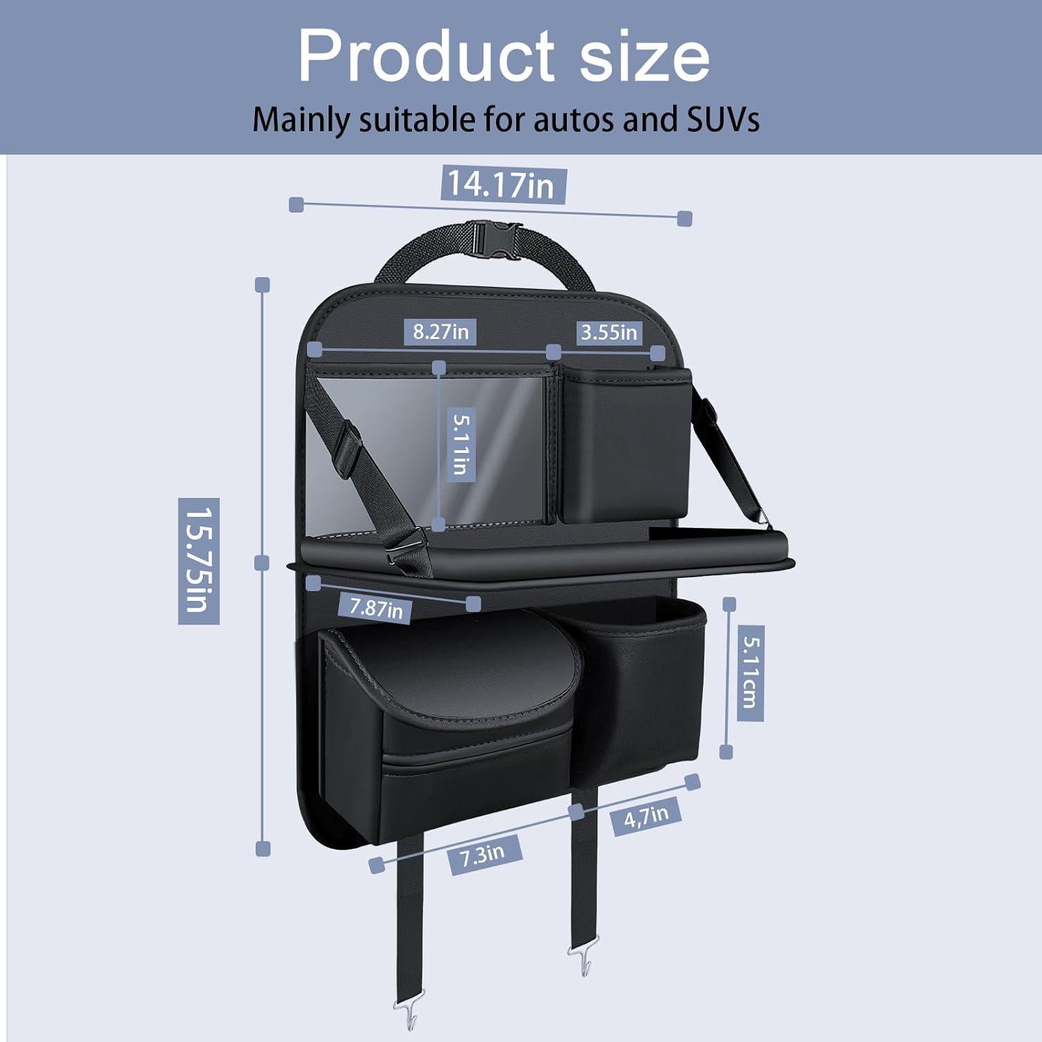 1 Pack Back Seat Car Organizer with Fold-Out Tray for 11" Tablets - Upgraded Nappa Leather, with Touchable PVC for 8" Mobile Phones, Including Tissue Dispenser, Suitable for Autos and SUVs, Black