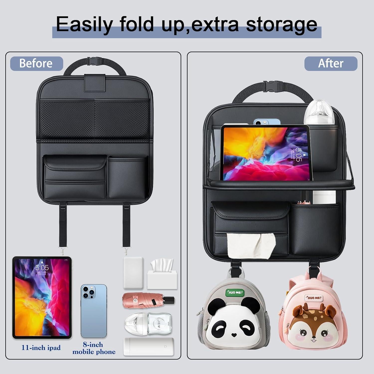 1 Pack Back Seat Car Organizer with Fold-Out Tray for 11" Tablets - Upgraded Nappa Leather, with Touchable PVC for 8" Mobile Phones, Including Tissue Dispenser, Suitable for Autos and SUVs, Black