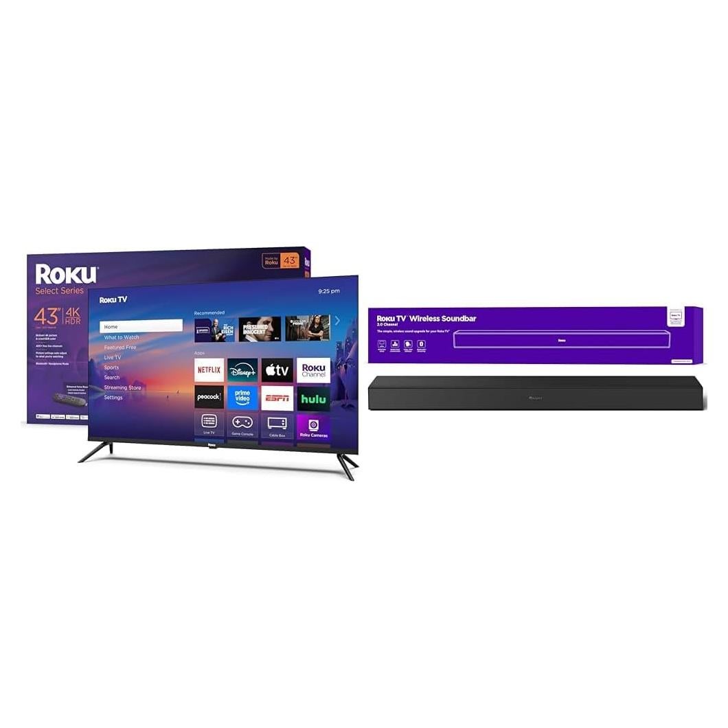 Roku Smart TV 43" 4K HDR con Barra de Sonido Inalámbrica