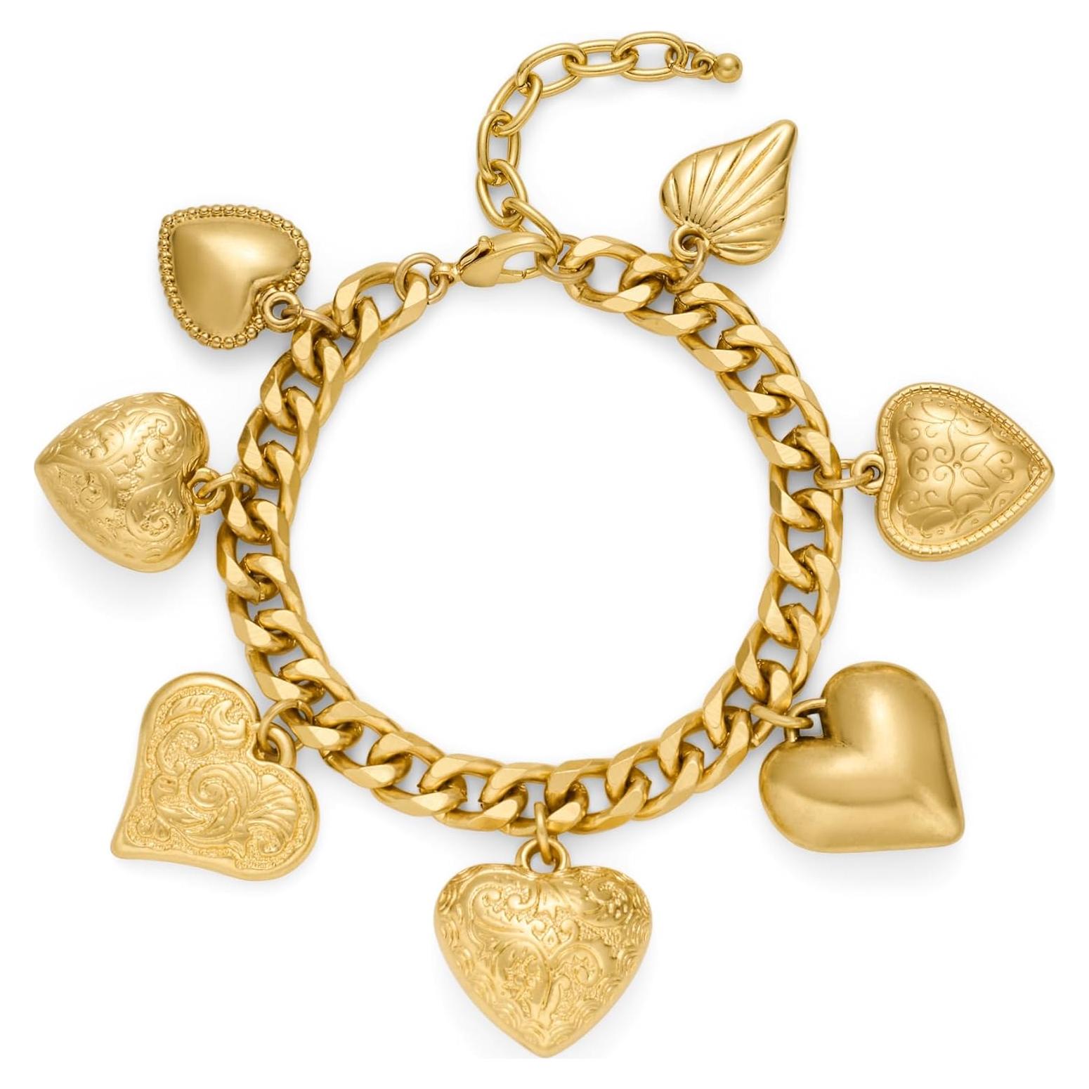 Pulsera de Corazón Dorado Antiguo con 7 Charms para Mujeres