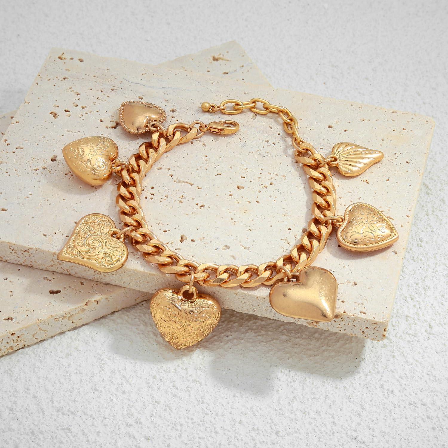 Pulsera de Corazón Dorado Antiguo con 7 Charms para Mujeres