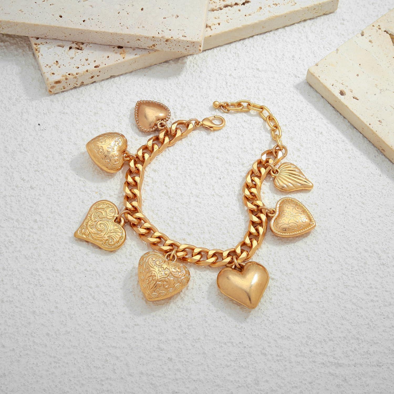 Pulsera de Corazón Dorado Antiguo con 7 Charms para Mujeres