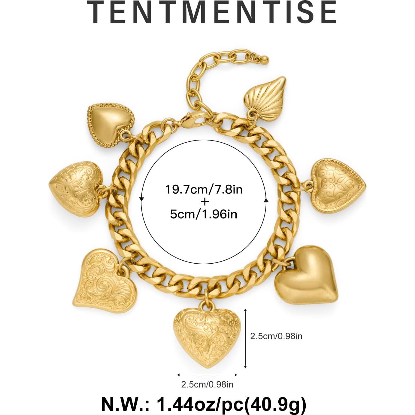 Pulsera de Corazón Dorado Antiguo con 7 Charms para Mujeres