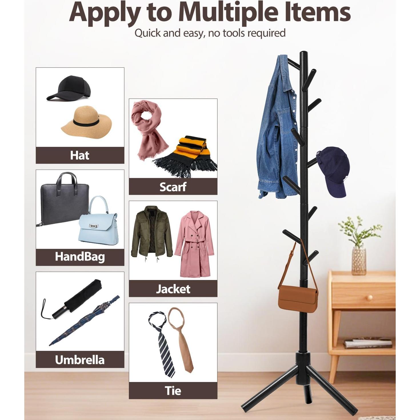 Perchero de Madera de Haya Relquorax 9 Ganchos Ajustable Negro