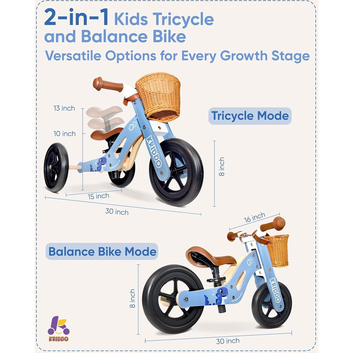 Triciclo de Madera KRIDDO 2 en 1 para Niños Azul