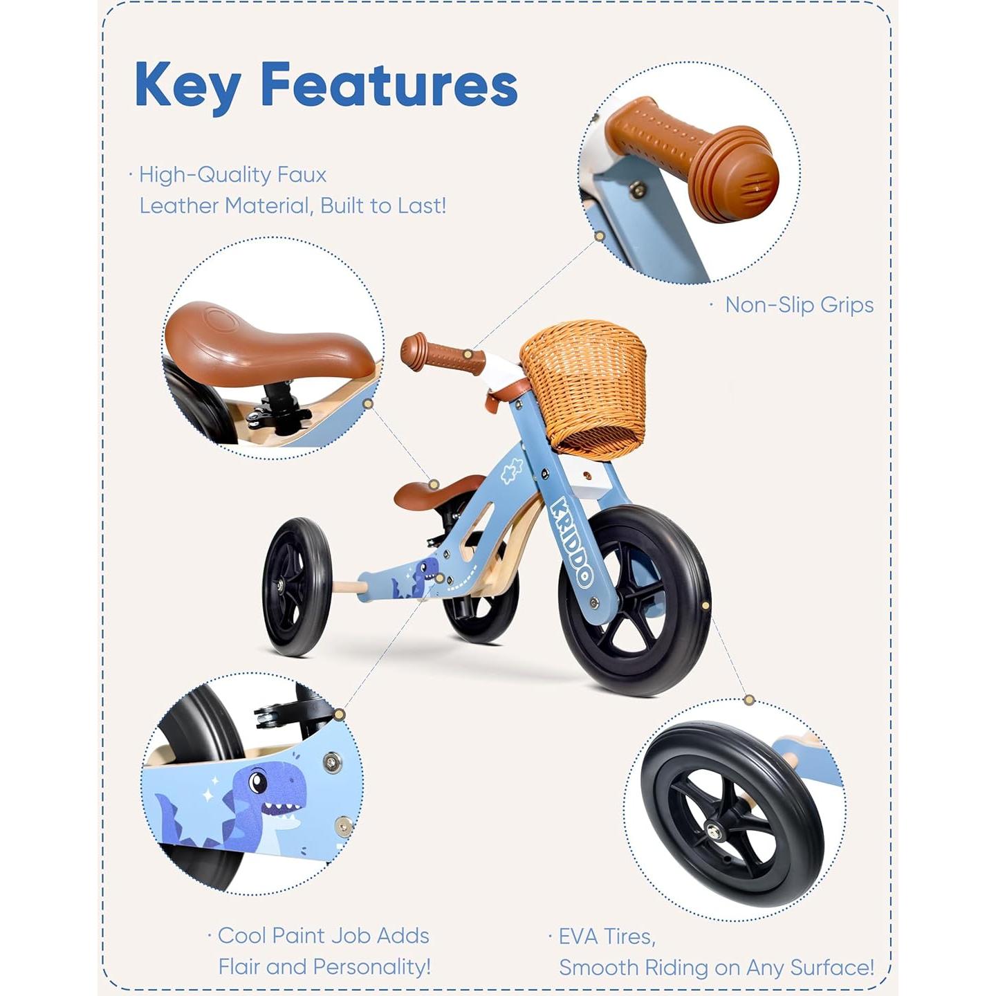 Triciclo de Madera KRIDDO 2 en 1 para Niños Azul