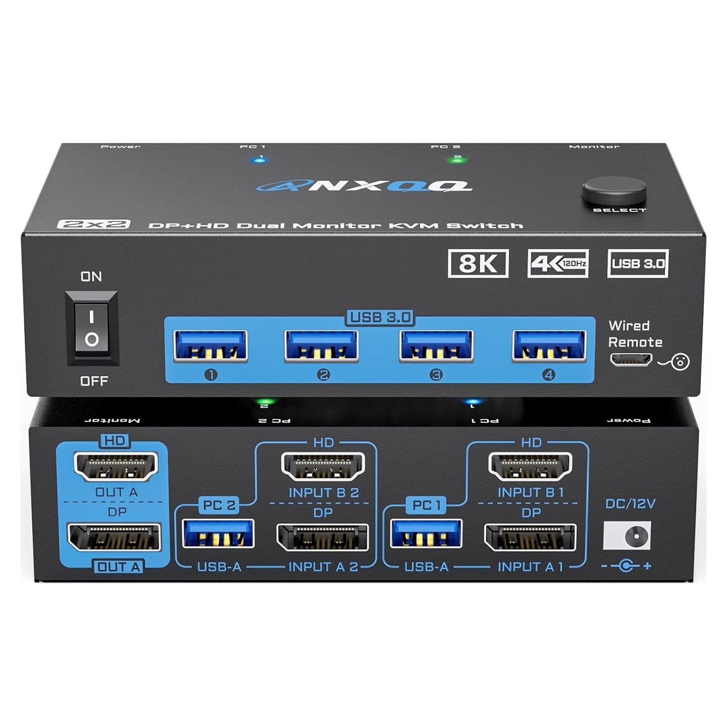 KVM Switch 2 Monitores ANXQQ 8K@60Hz 4K@144Hz USB 3.0