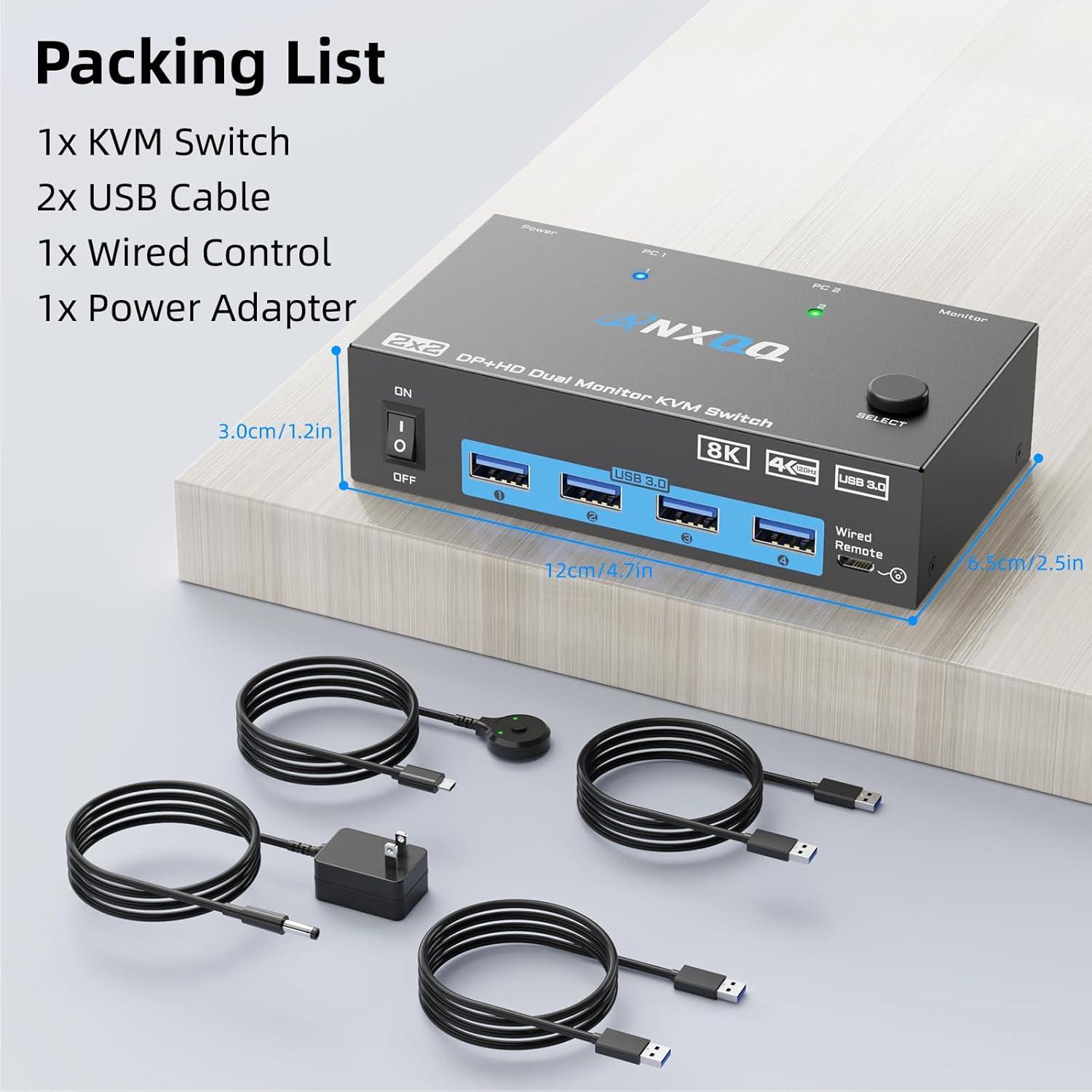 KVM Switch 2 Monitores ANXQQ 8K@60Hz 4K@144Hz USB 3.0