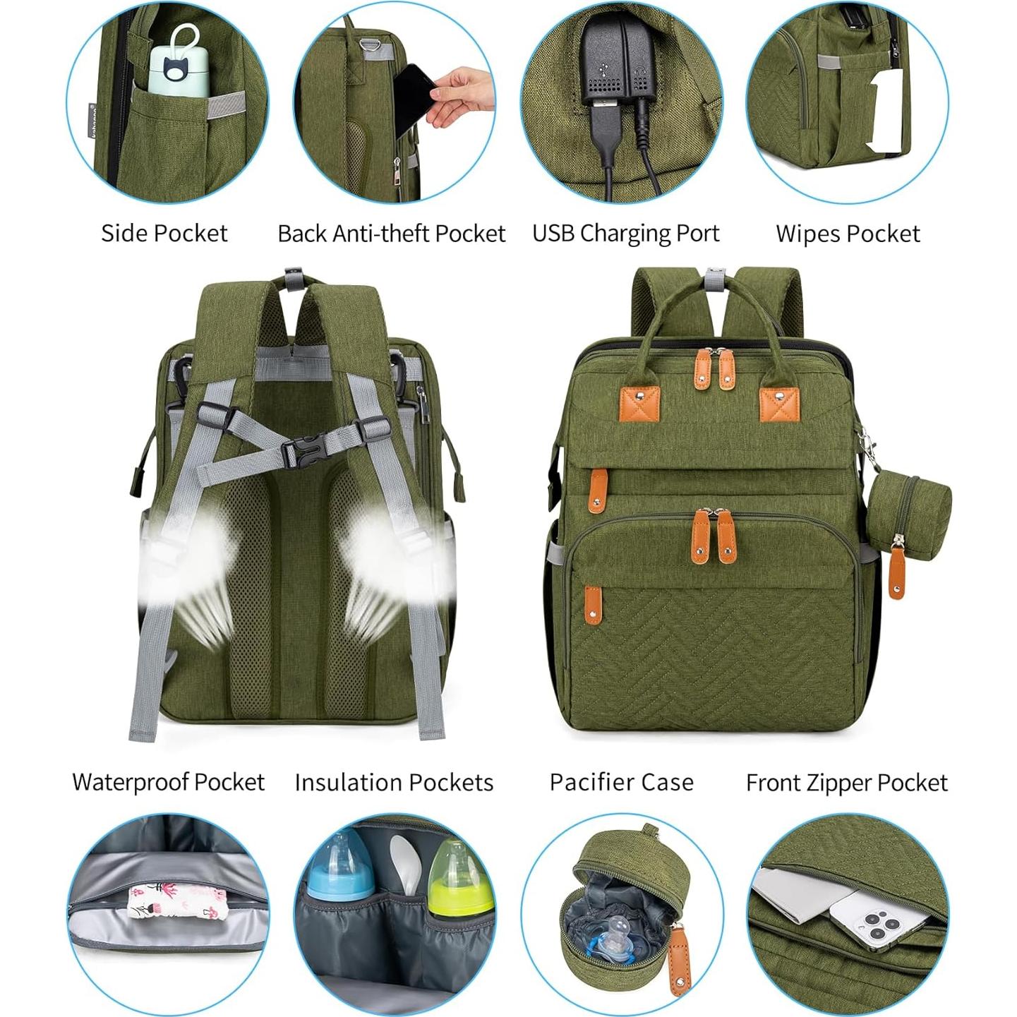 Mochila para Pañales KABAQOO Verde Militar 35L Ergonométrica