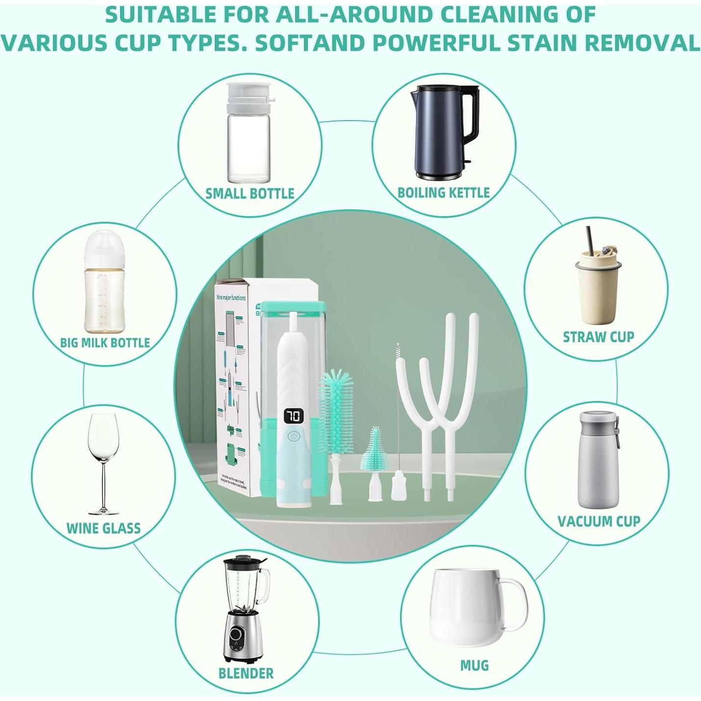 Electric Bottle Brush Cleaner,Electric Baby Bottle Brush Cleaner, Baby Bottle Washer,8 in 1Automatic Bottle Cleaner Brush Set (Green)