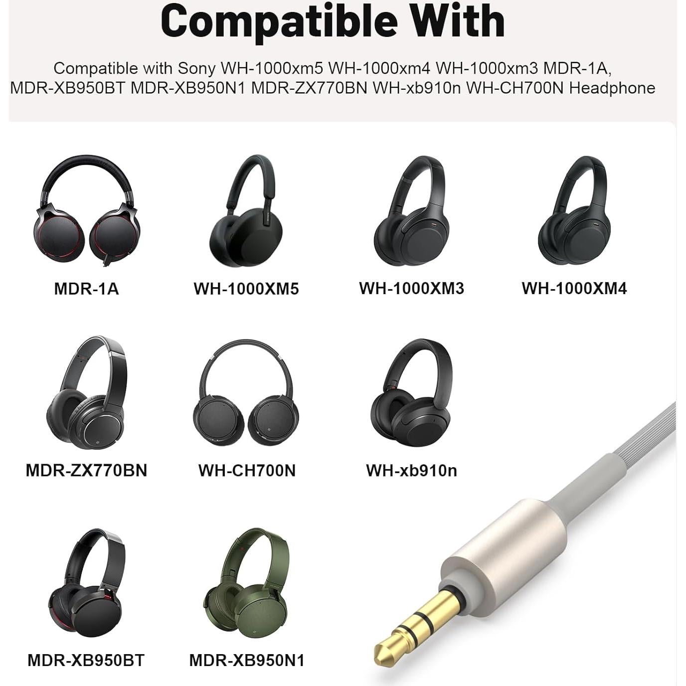 Cable de audio auxiliar 3.5mm Tobysome para Sony WH-1000XM5/4/3
